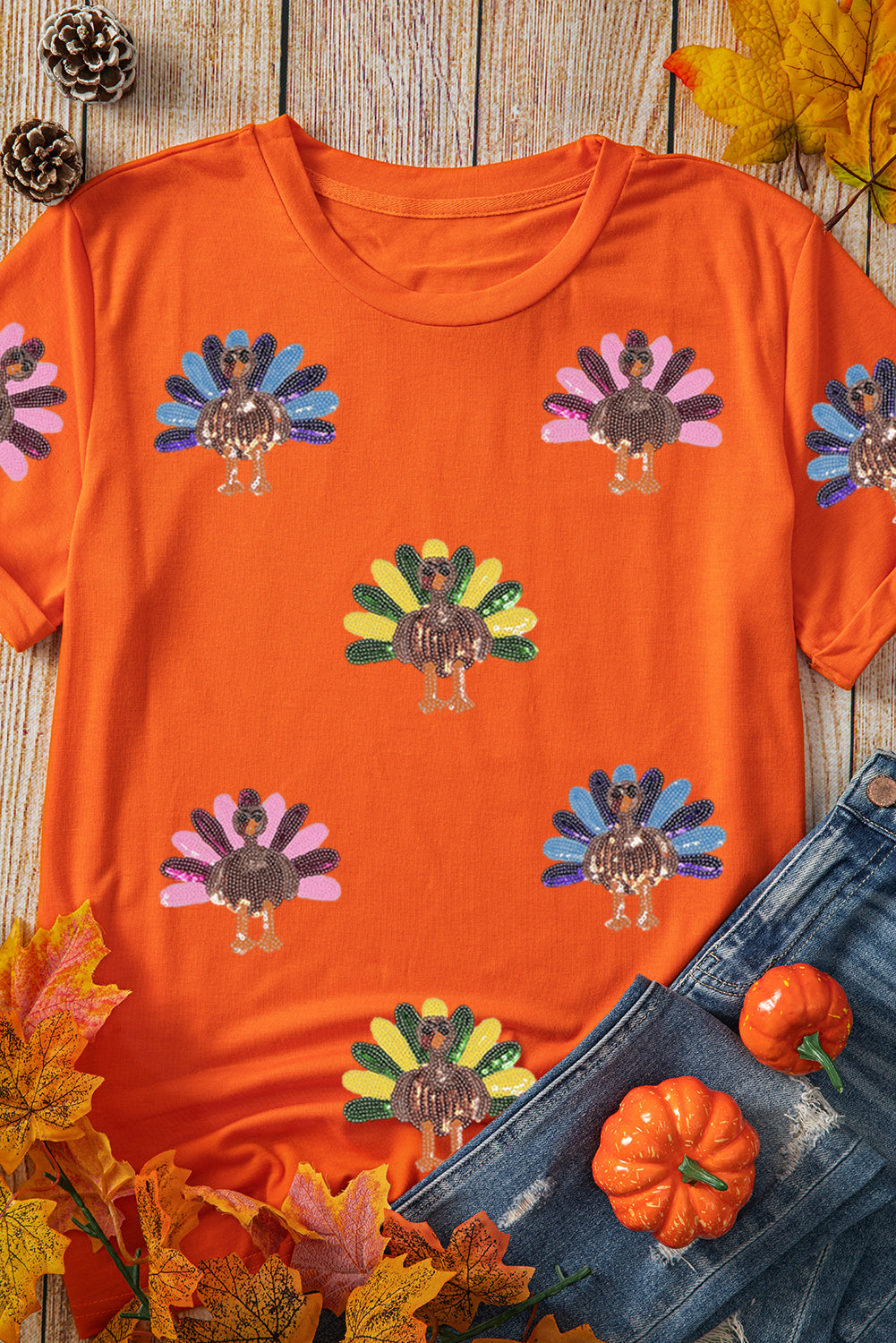 Orange Colorful Sequin Turkey Thanksgiving Graphic Tee