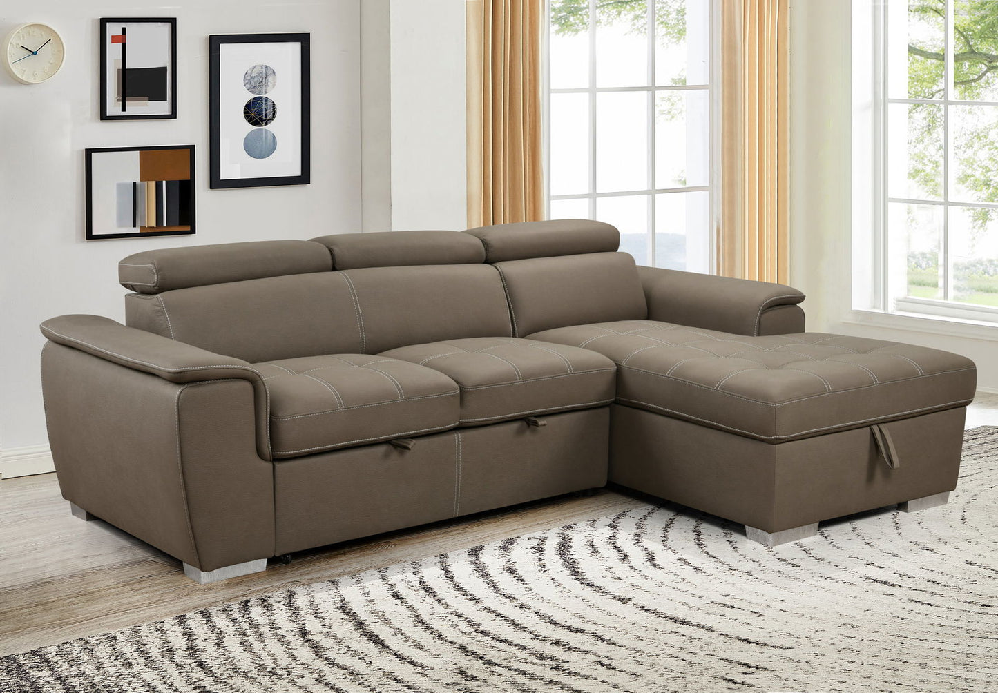 97 inch Convertible Sectional Sofa with Storage Chaise, Adjustable Headrests, Contemporary L-shaped Sleeper Corner Sectional Sofa with a Pull-Out Bed ,Brown himalipasal