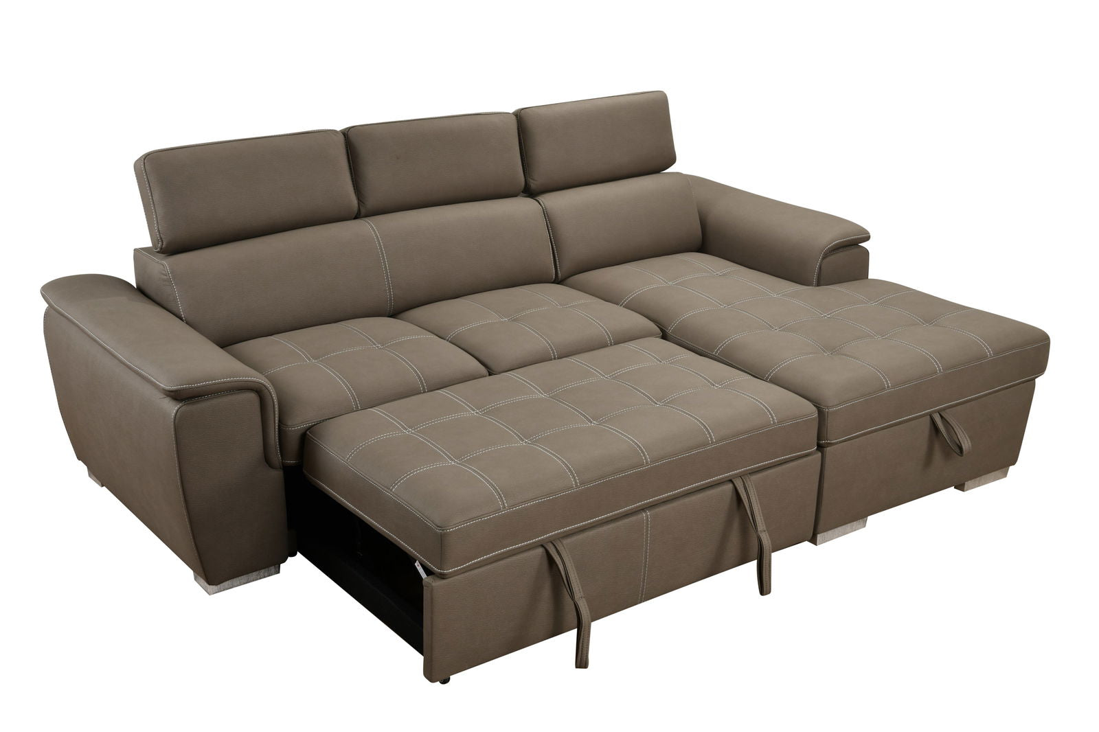 97 inch Convertible Sectional Sofa with Storage Chaise, Adjustable Headrests, Contemporary L-shaped Sleeper Corner Sectional Sofa with a Pull-Out Bed ,Brown himalipasal