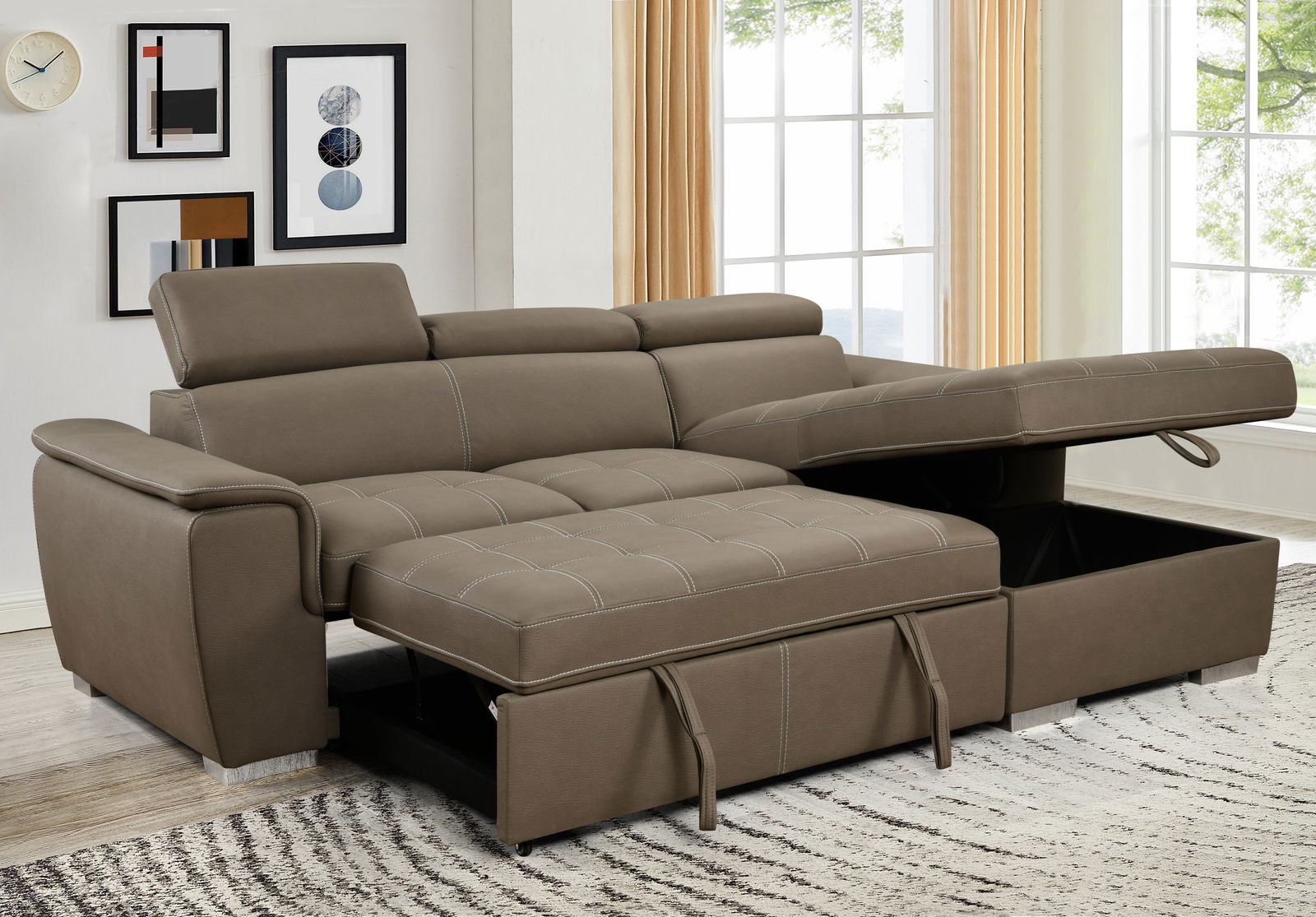 97 inch Convertible Sectional Sofa with Storage Chaise, Adjustable Headrests, Contemporary L-shaped Sleeper Corner Sectional Sofa with a Pull-Out Bed ,Brown himalipasal