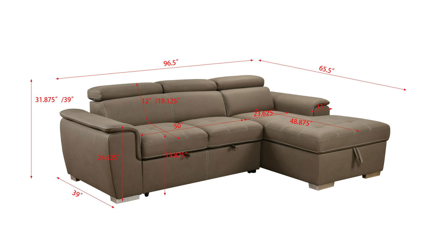 97 inch Convertible Sectional Sofa with Storage Chaise, Adjustable Headrests, Contemporary L-shaped Sleeper Corner Sectional Sofa with a Pull-Out Bed ,Brown himalipasal