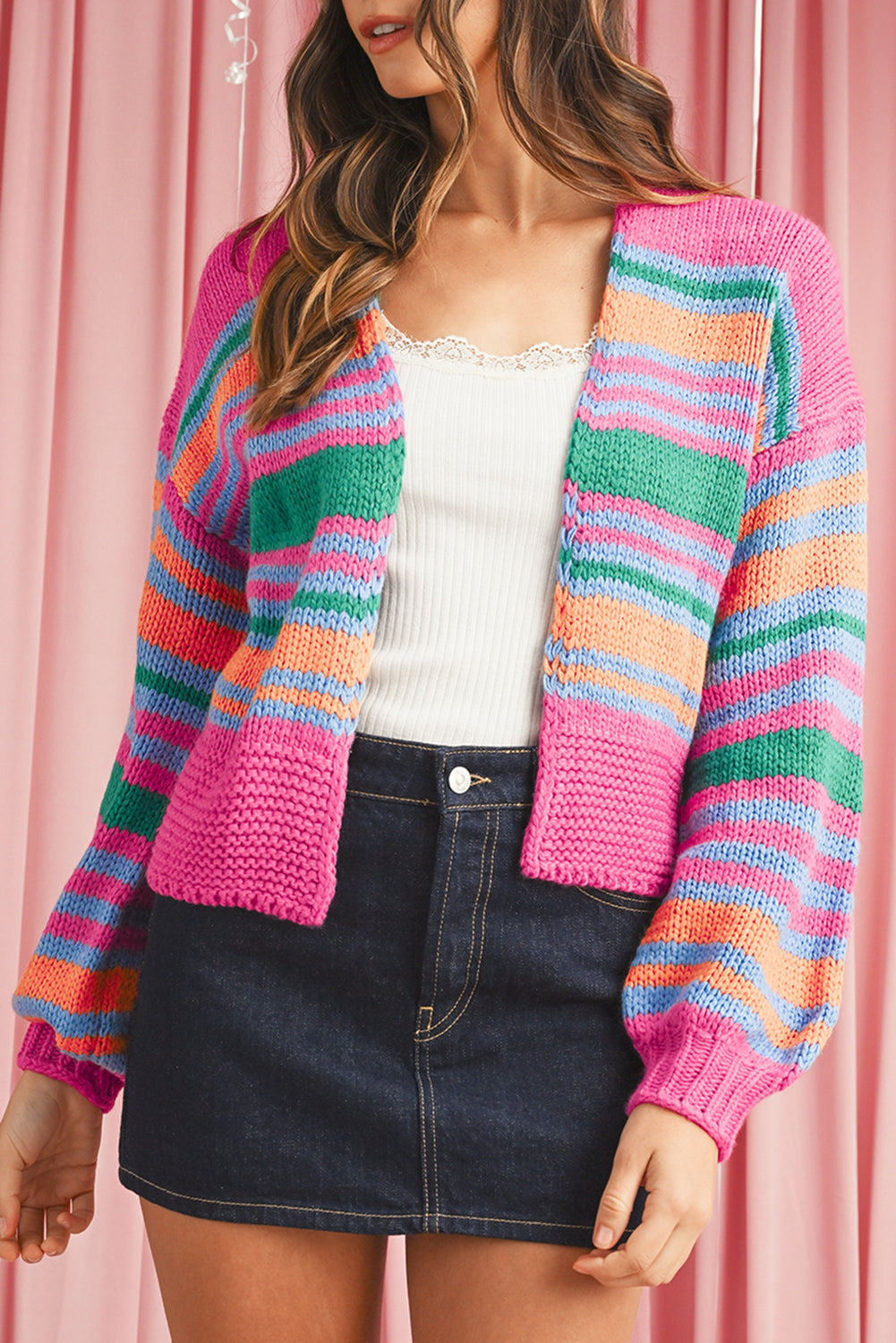 Rose Striped Puff Sleeve Open Front Cardigan