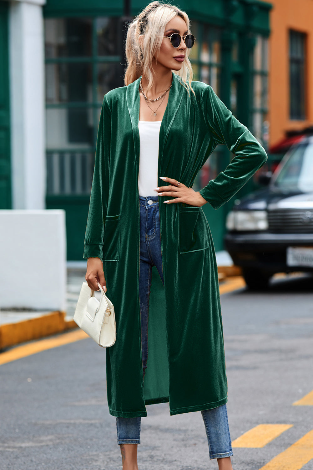 Green Velvet Elegant Pocket Open Front Long Cardigan