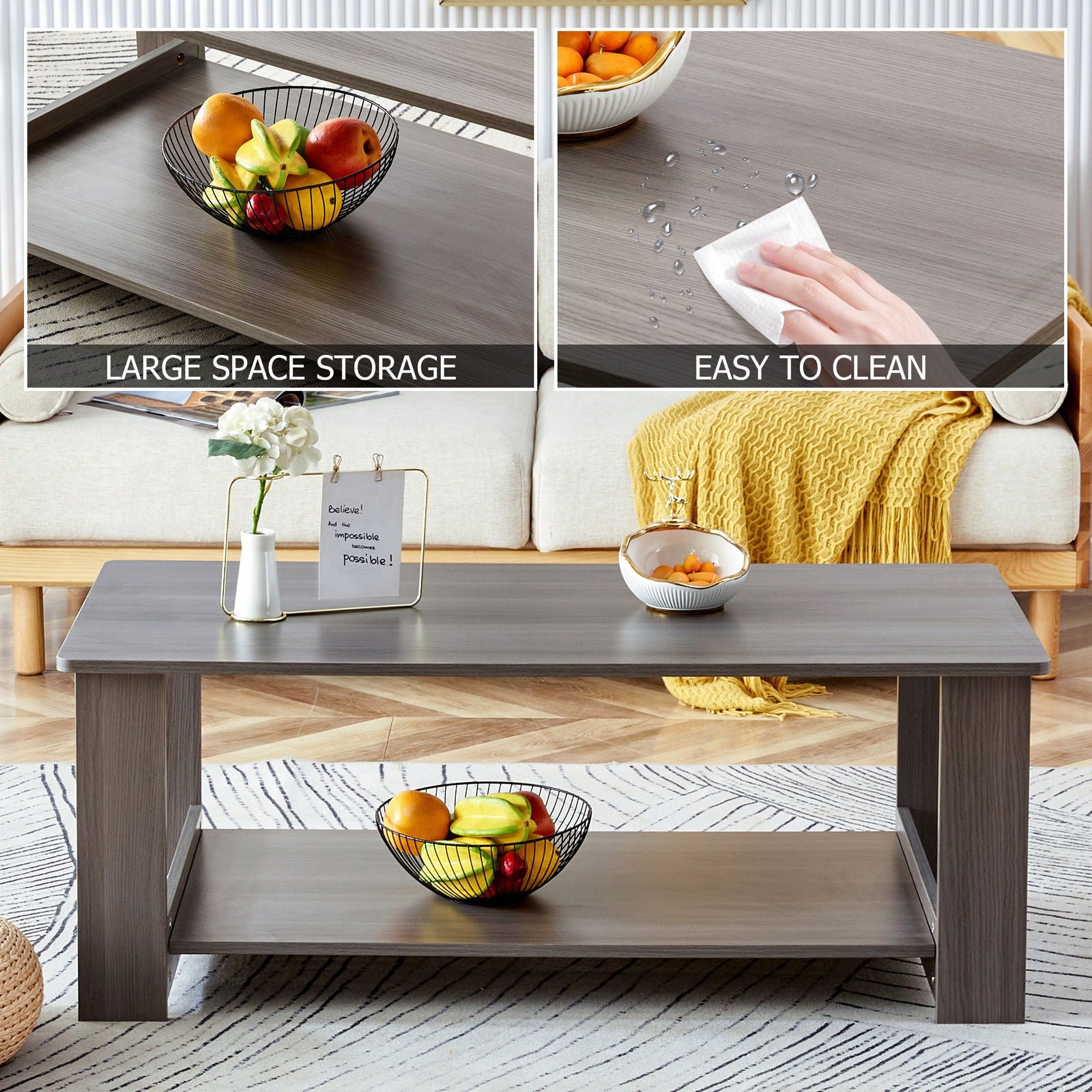 A modern and practical gray textured coffee table,tea table.Double layered coffee table made of MDF material,. Suitable for living room,bedroom and study room. 43.3"*21.6"*16.5" CT-16 himalipasal