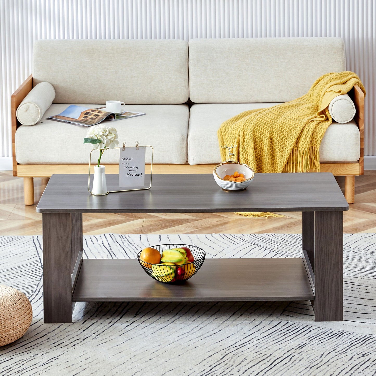 A modern and practical gray textured coffee table,tea table.Double layered coffee table made of MDF material,. Suitable for living room,bedroom and study room. 43.3"*21.6"*16.5" CT-16 himalipasal