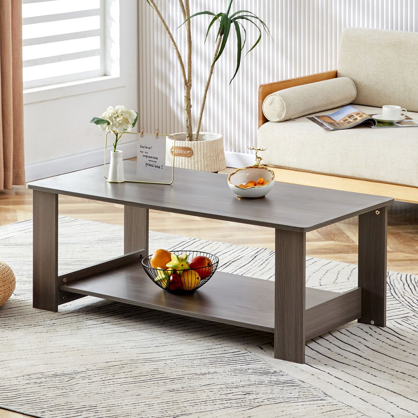 A modern and practical gray textured coffee table,tea table.Double layered coffee table made of MDF material,. Suitable for living room,bedroom and study room. 43.3"*21.6"*16.5" CT-16 himalipasal