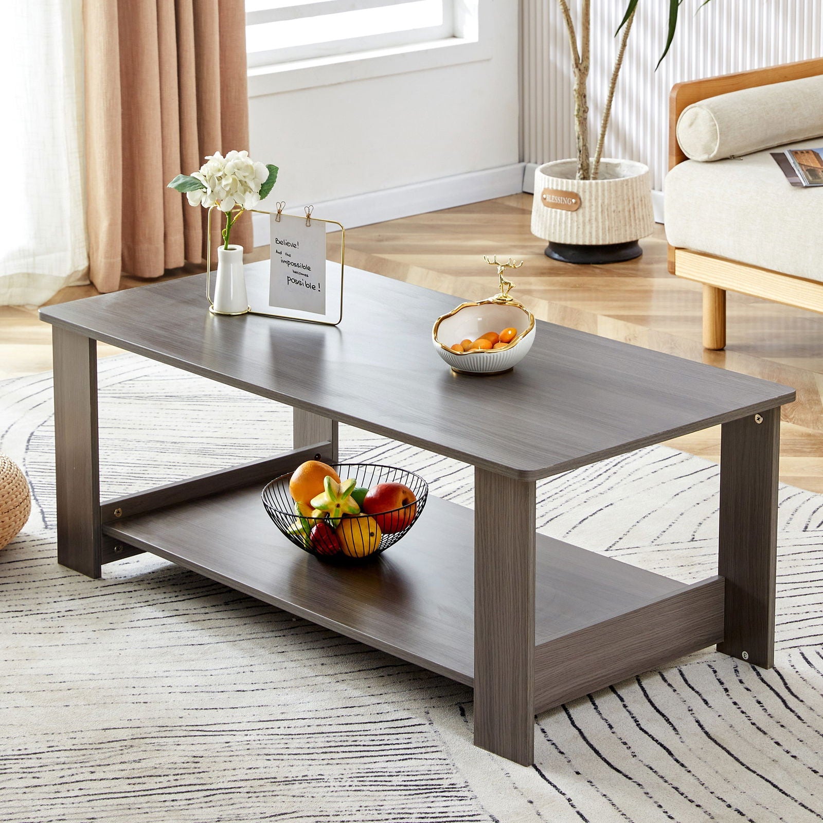 A modern and practical gray textured coffee table,tea table.Double layered coffee table made of MDF material,. Suitable for living room,bedroom and study room. 43.3"*21.6"*16.5" CT-16 himalipasal