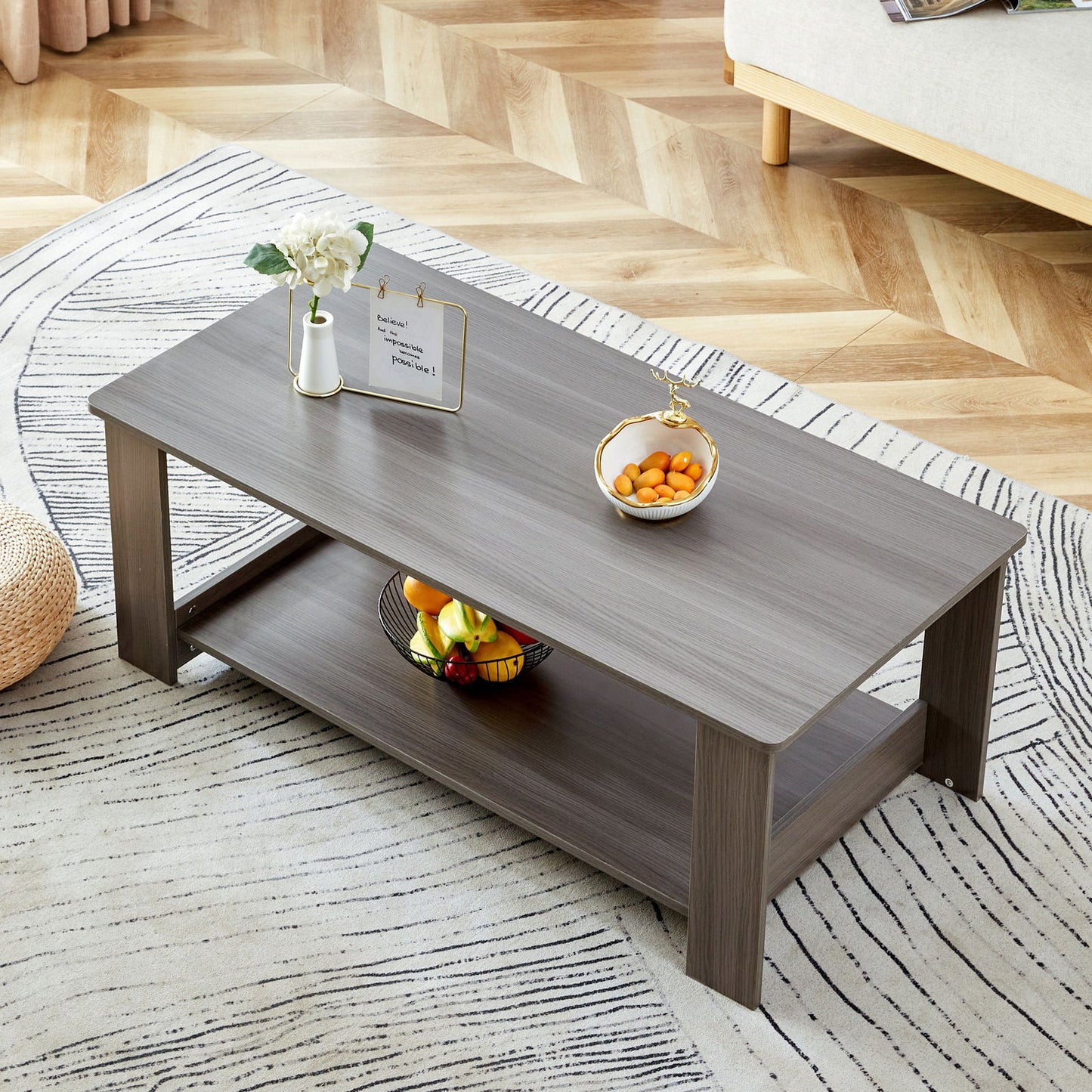 A modern and practical gray textured coffee table,tea table.Double layered coffee table made of MDF material,. Suitable for living room,bedroom and study room. 43.3"*21.6"*16.5" CT-16 himalipasal