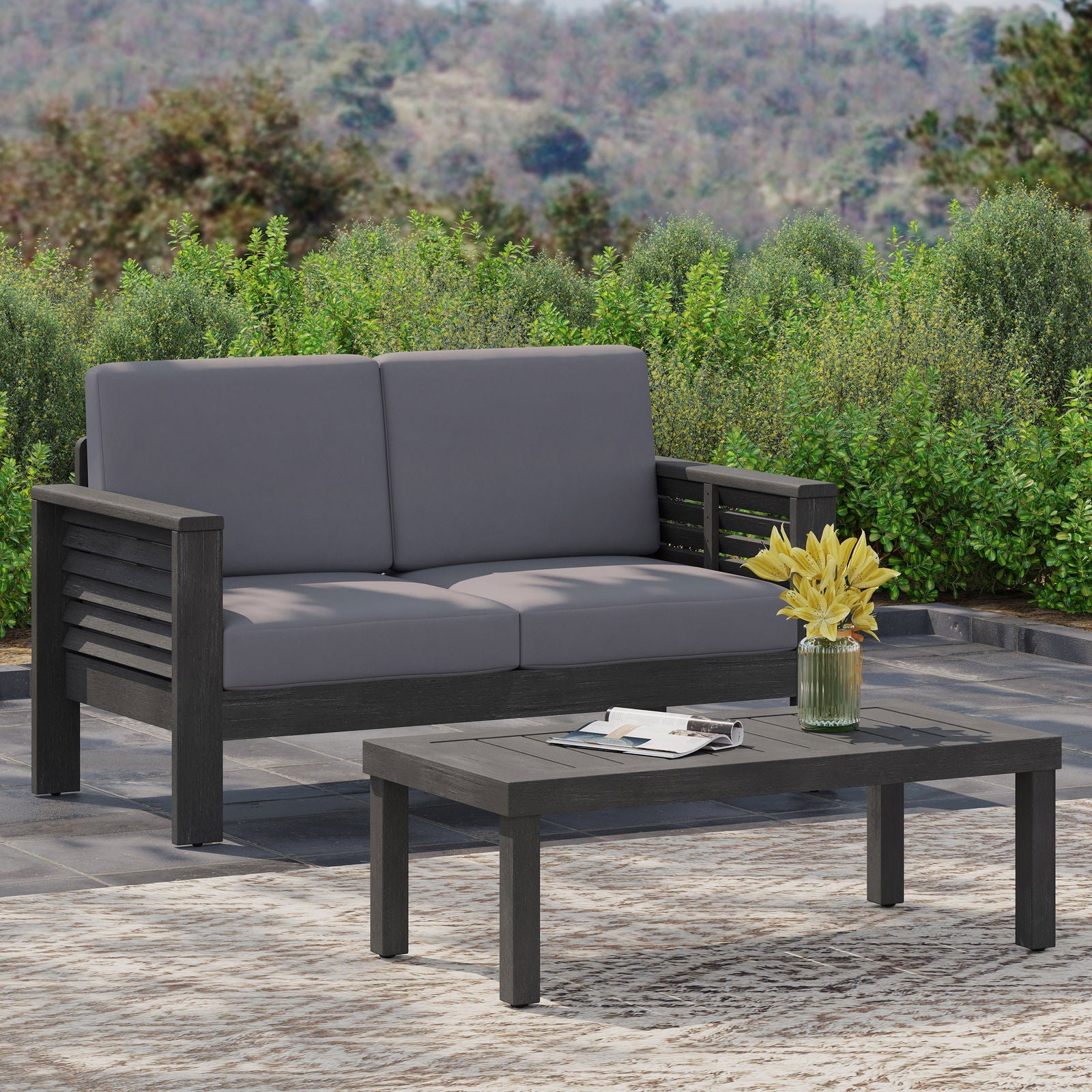 Acacia Wood Outdoor Loveseat and Coffee Table Set with Cushions, Dark Gray himalipasal