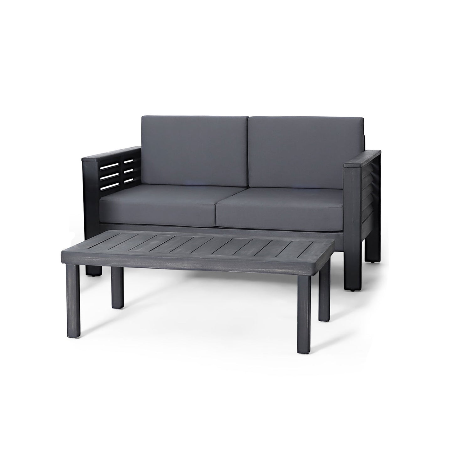 Acacia Wood Outdoor Loveseat and Coffee Table Set with Cushions, Dark Gray himalipasal