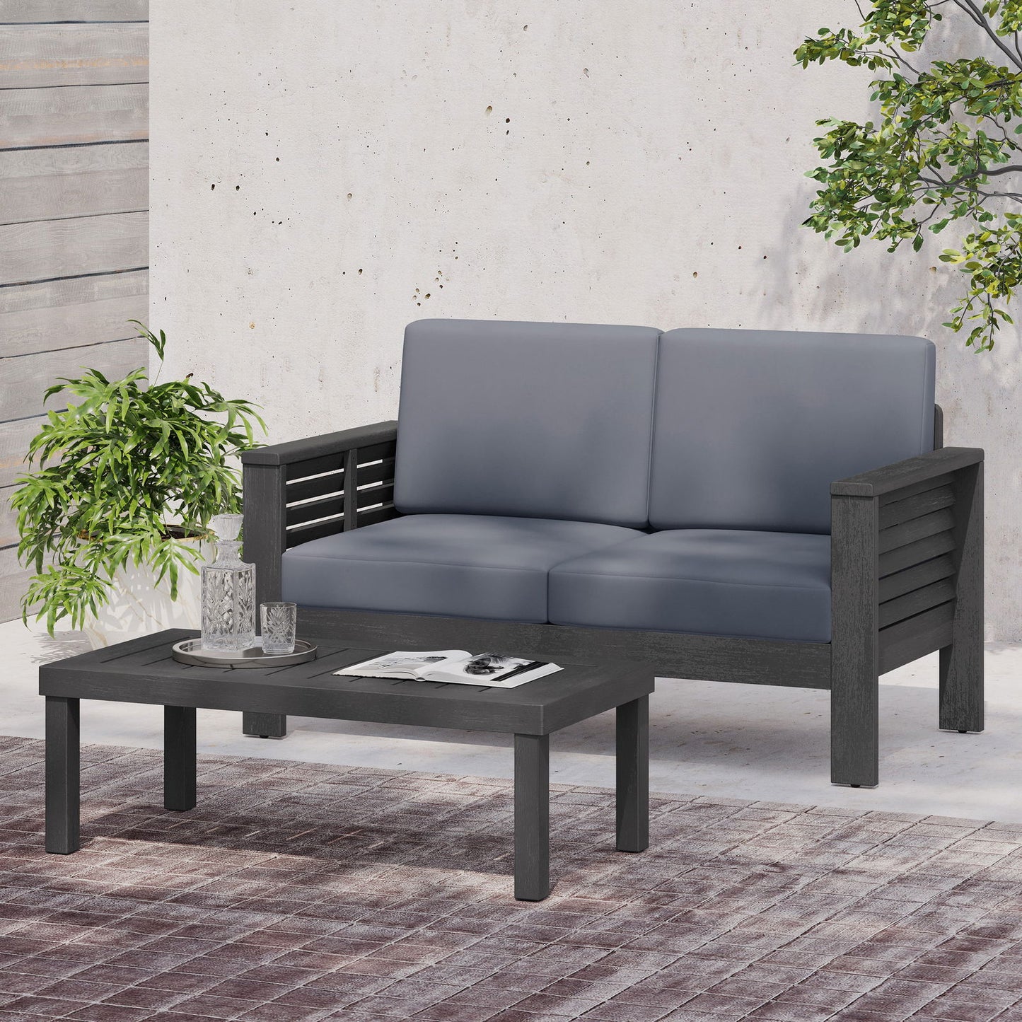 Acacia Wood Outdoor Loveseat and Coffee Table Set with Cushions, Dark Gray himalipasal