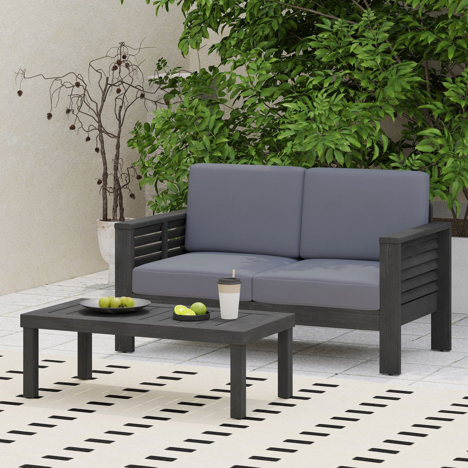 Acacia Wood Outdoor Loveseat and Coffee Table Set with Cushions, Dark Gray himalipasal