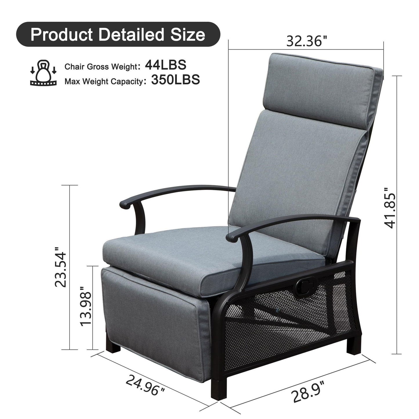 Adjustable Patio Recliner Chair Metal Outdoor Lounge Chair with Flip Table Push Back, Adjustable Angle, 6.8'' Removable Cushions, Support 350lbs,Gray himalipasal