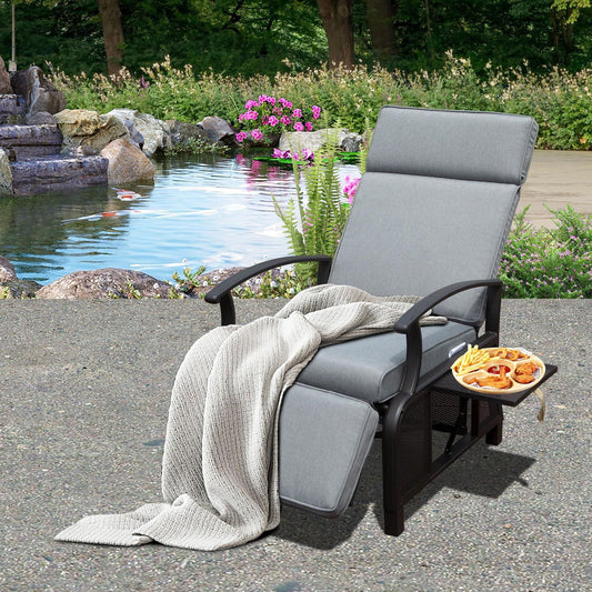 Adjustable Patio Recliner Chair Metal Outdoor Lounge Chair with Flip Table Push Back, Adjustable Angle, 6.8'' Removable Cushions, Support 350lbs,Gray himalipasal