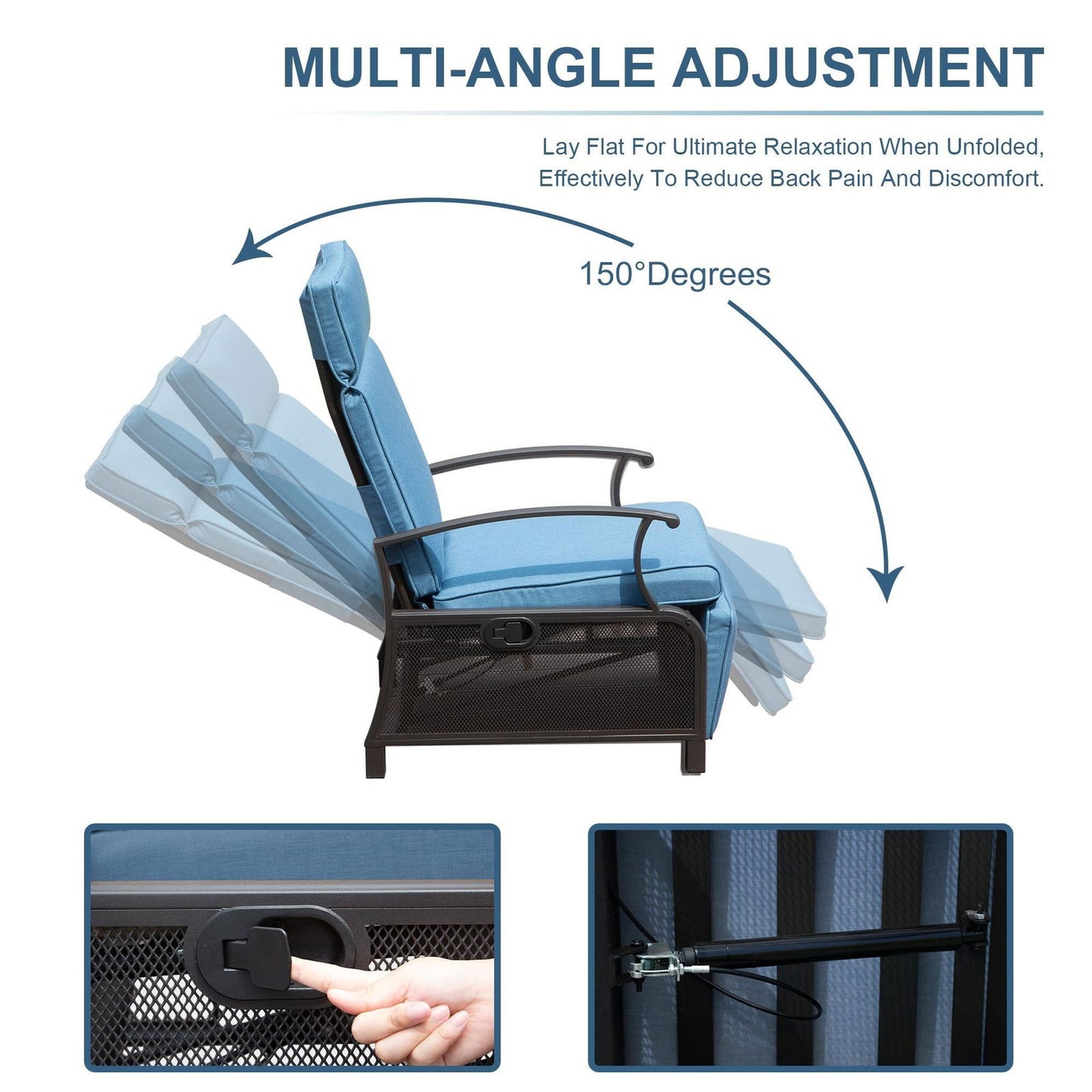 Adjustable Patio Recliner Chair Metal Outdoor Lounge Chair with Flip Table Push Back, Adjustable Angle, 6.8'' Removable Cushions, Support 350lbs, Navy Blue himalipasal