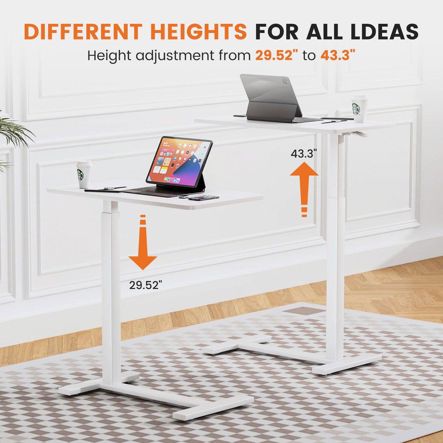 Adjustable mobile bed desk, computer desk, mobile standing desk, lifting desk, desk, white himalipasal