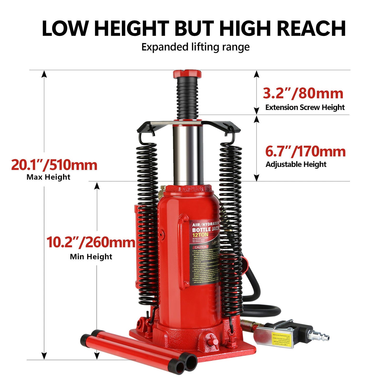 Air Hydraulic Bottle Jack, 12 Ton All Welded Bottle Jack, 10.2-20.1 inch Lifting Range, with 2-Section Long Handle, for Car, Pickup Truck, Truck, RV, Auto Repair, Industrial Engineering himalipasal