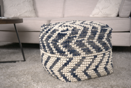 Alina Wool and Cotton Pouf, Natural and Blue himalipasal