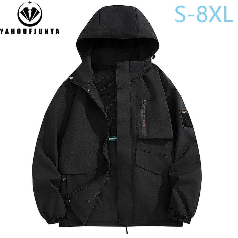 Autumn Men Outdoor Casual Fashion Solid Hooded Jacket Men Many Pocket Windproof Waterproof Breathable Jacket Male Plus Size 8XL himalipasal