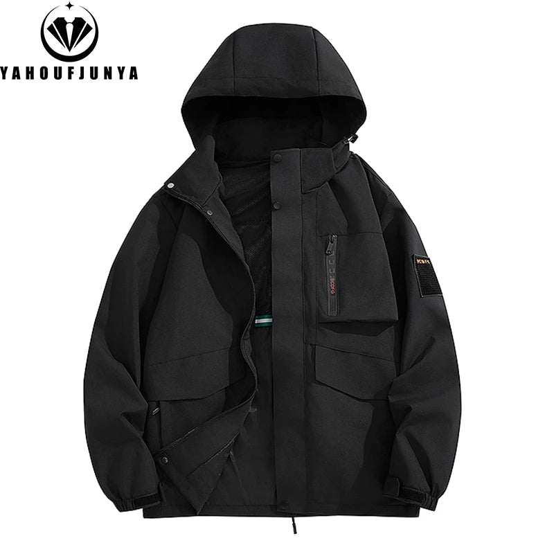 Autumn Men Outdoor Casual Fashion Solid Hooded Jacket Men Many Pocket Windproof Waterproof Breathable Jacket Male Plus Size 8XL himalipasal