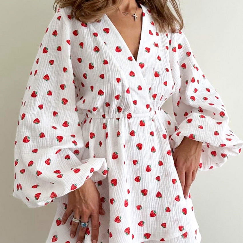 Autumn Strawberry Printing A Long Sleeve Cotton Linen Crepe V neck Lantern Sleeve Dress Women himalipasal