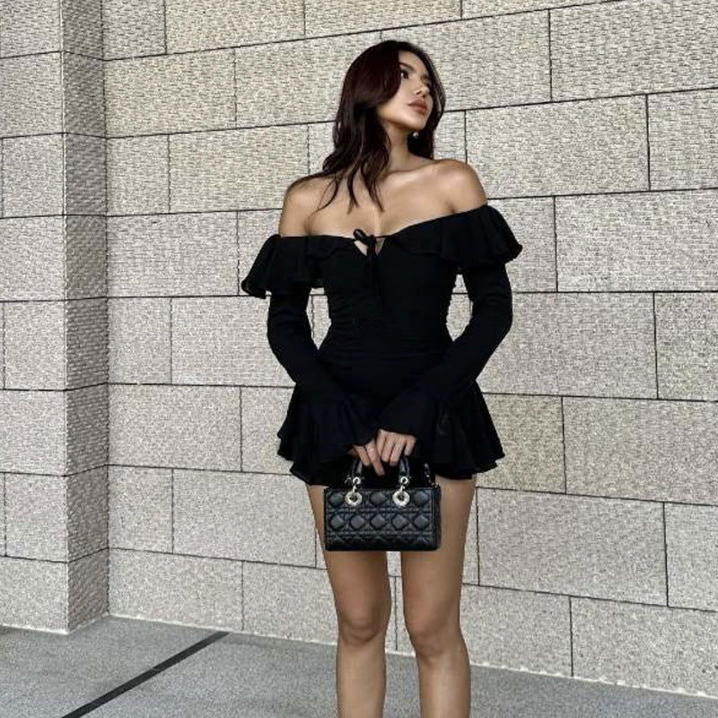 Autumn Winter Women Clothing off Shoulder Sexy Backless Ruffled Solid Color Sheath Dress himalipasal