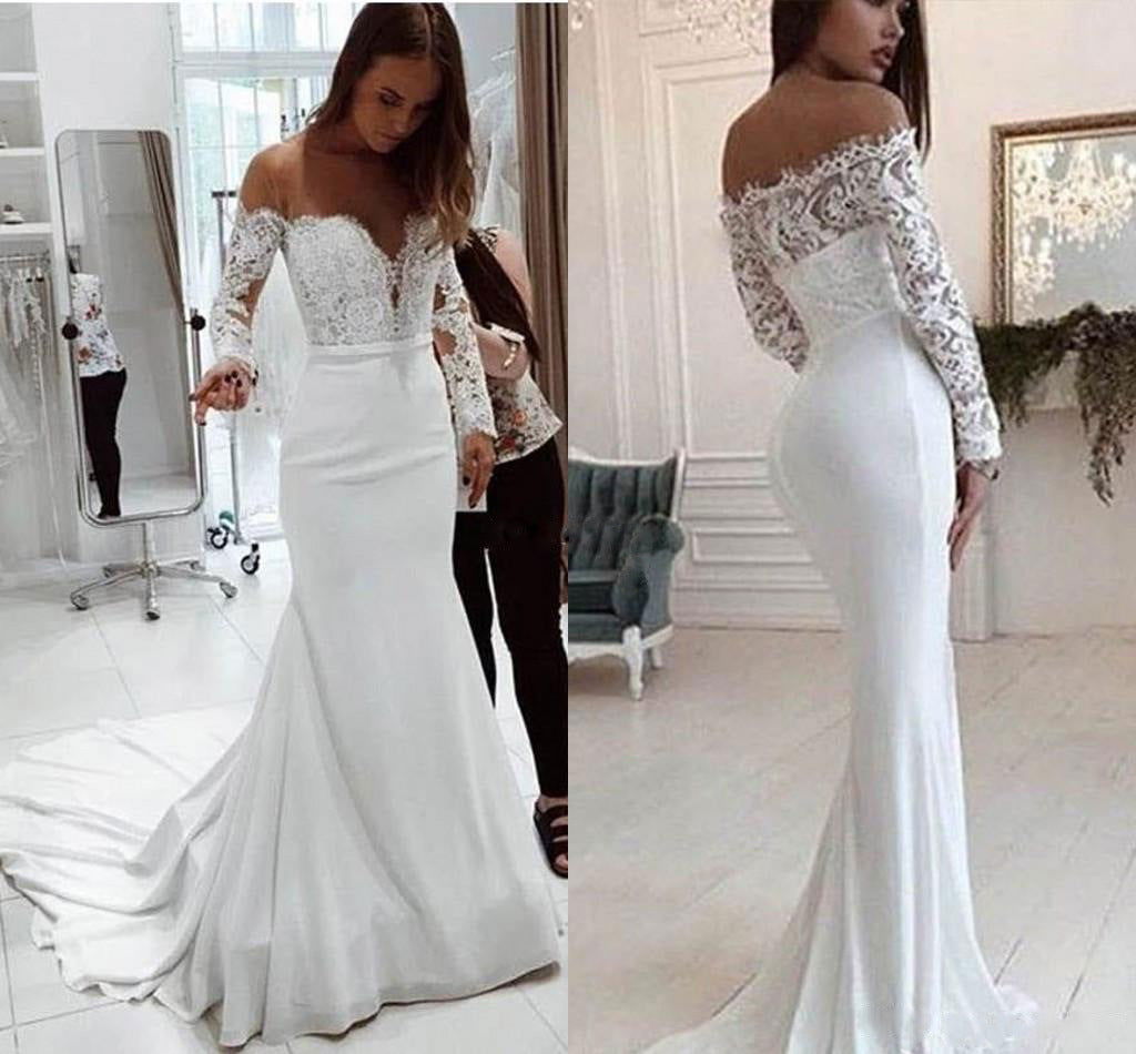 Autumn Women Clothing Off Shoulder Lace Long Sleeve Dress Mop Wedding Dress himalipasal