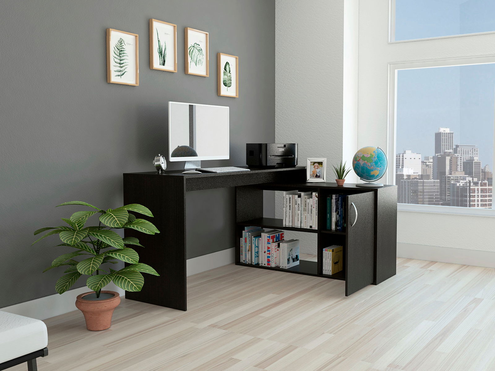 Axis Modern L-Shaped Computer Desk with Open & Closed Storages -Black himalipasal