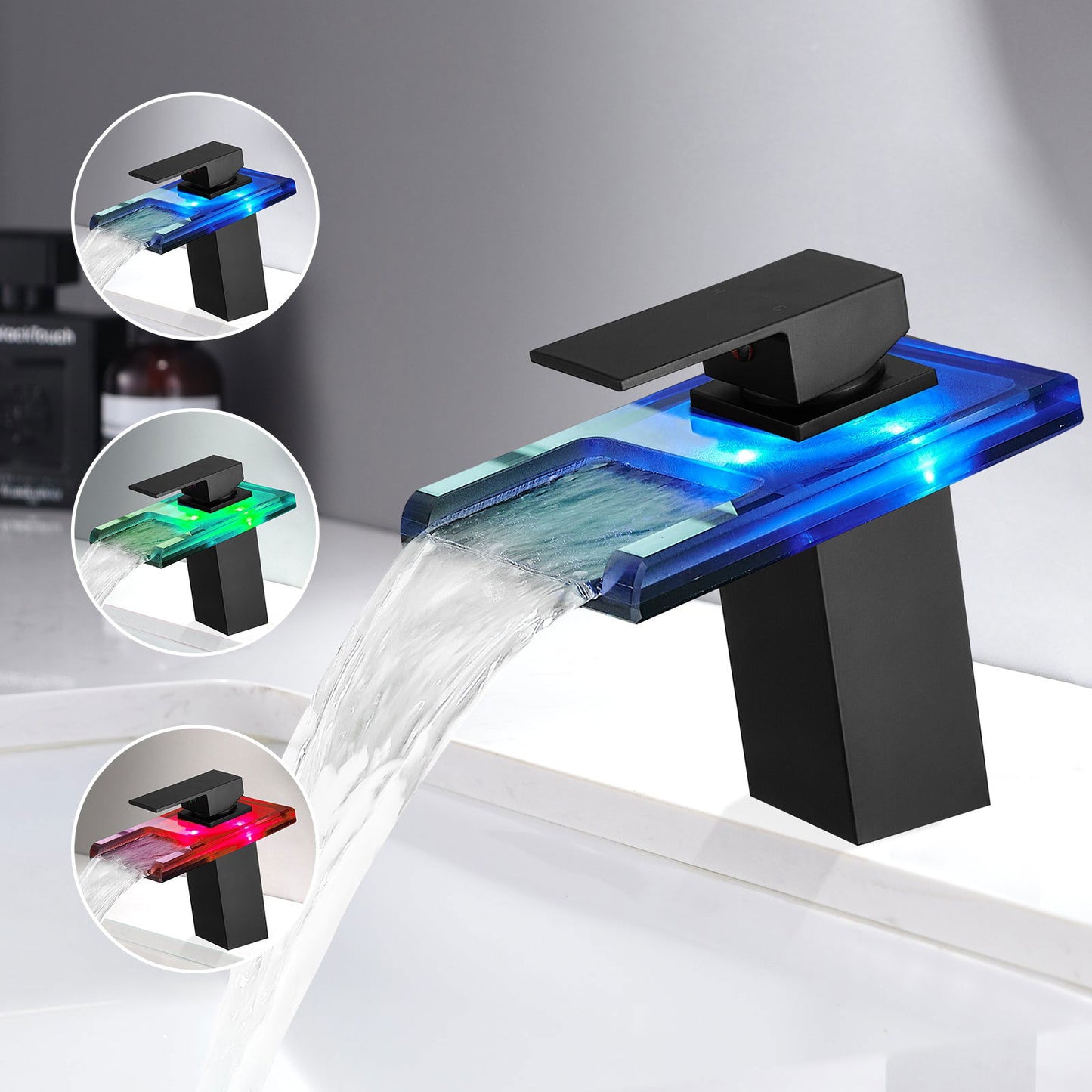 Bathroom Sink Faucet LED Light 3 Colors Changing Waterfall Glass Spout Hot Cold Water Mixer Single Handle One Hole Deck Mounted Bathroom Faucet Black Lavatory Vanity Basin Bath Plumbing Fixtures himalipasal