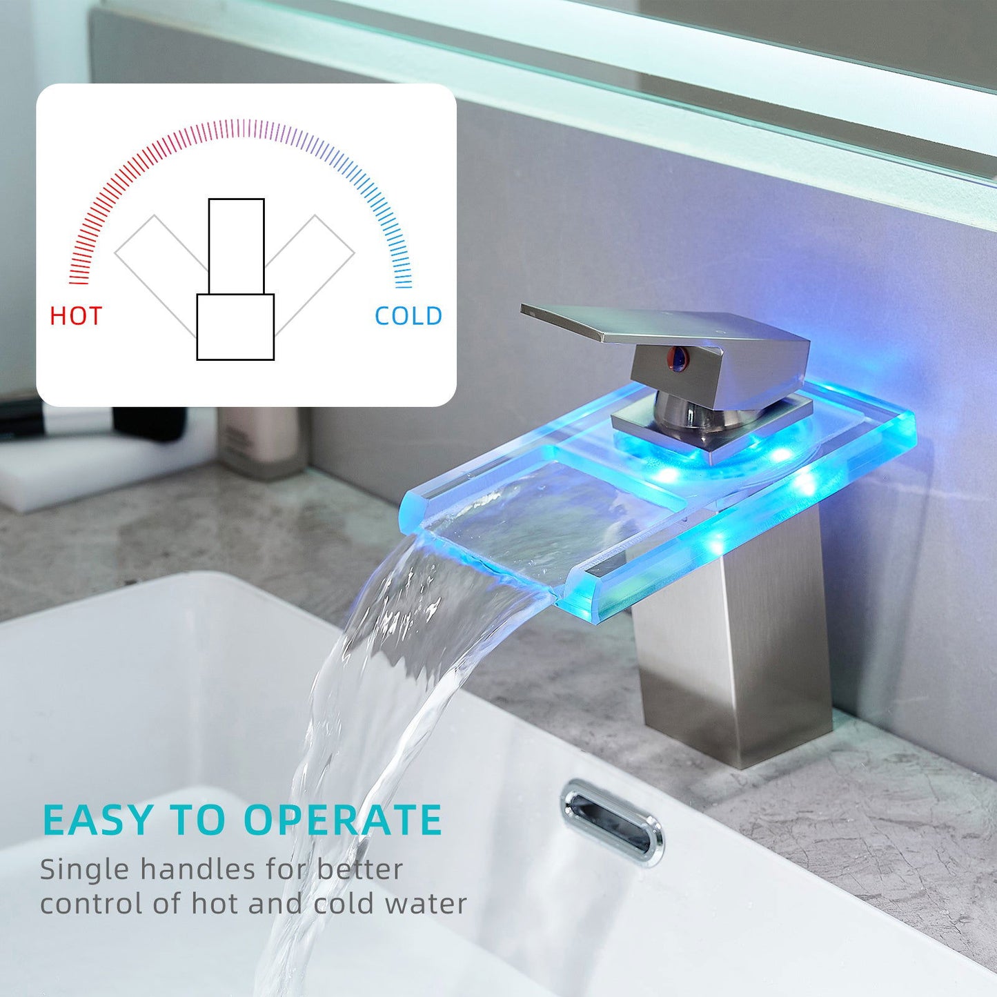 Bathroom Sink Faucet LED Light 3 Colors Changing Waterfall Glass Spout Hot Cold Water Mixer Single Handle One Hole Deck Mounted Bathroom Faucet Black Lavatory Vanity Basin Bath Plumbing Fixtures himalipasal