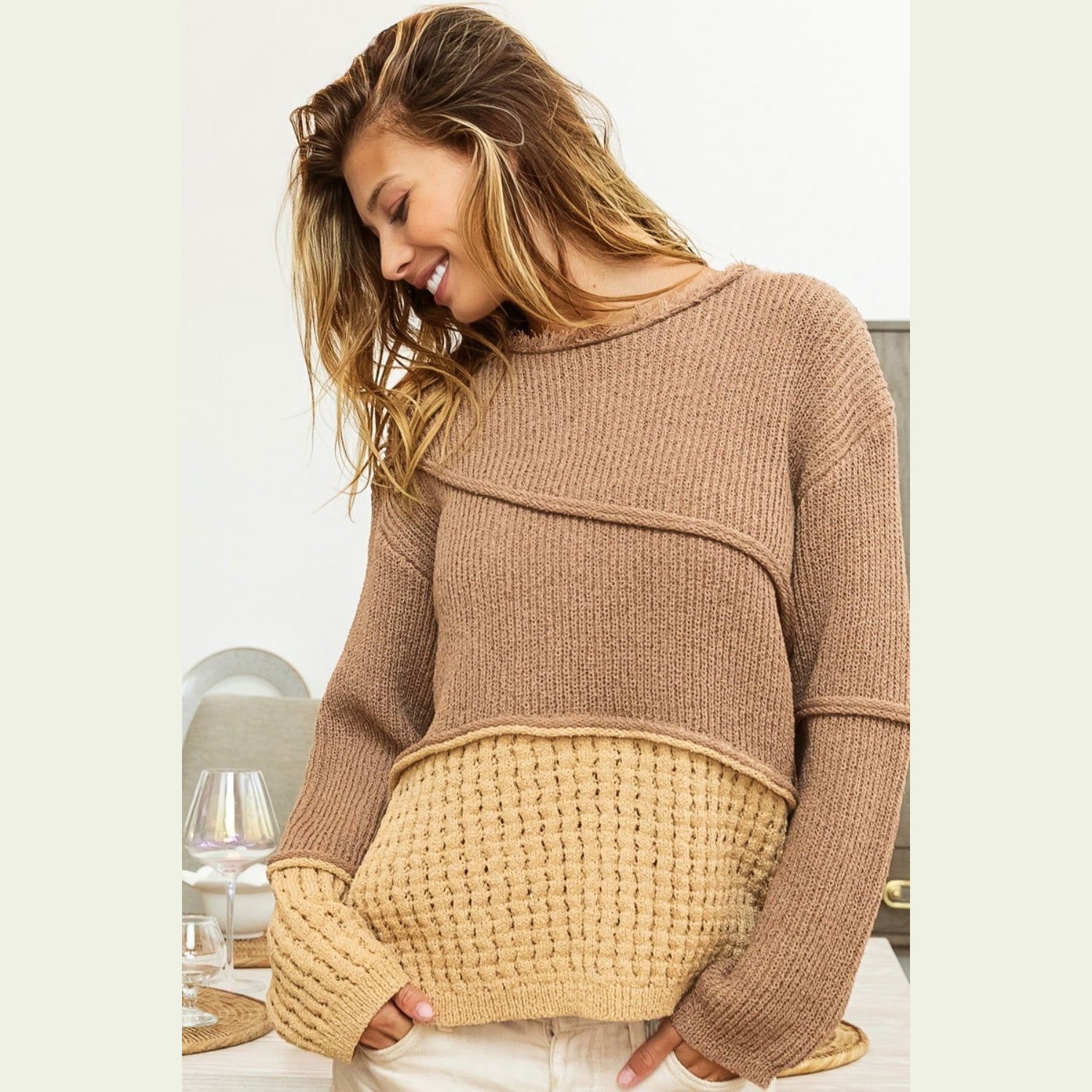 BiBi Texture Detail Contrast Drop Shoulder Sweater himalipasal