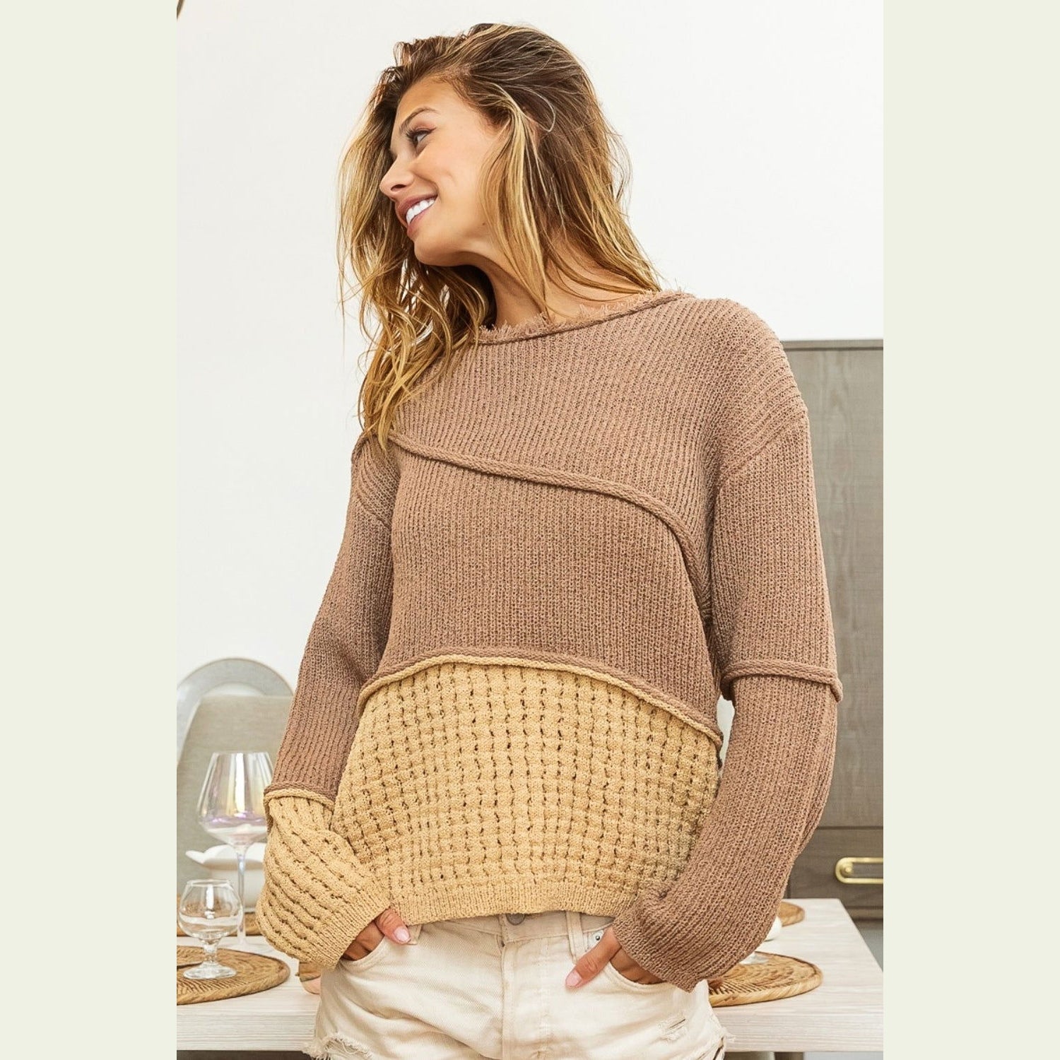 BiBi Texture Detail Contrast Drop Shoulder Sweater himalipasal