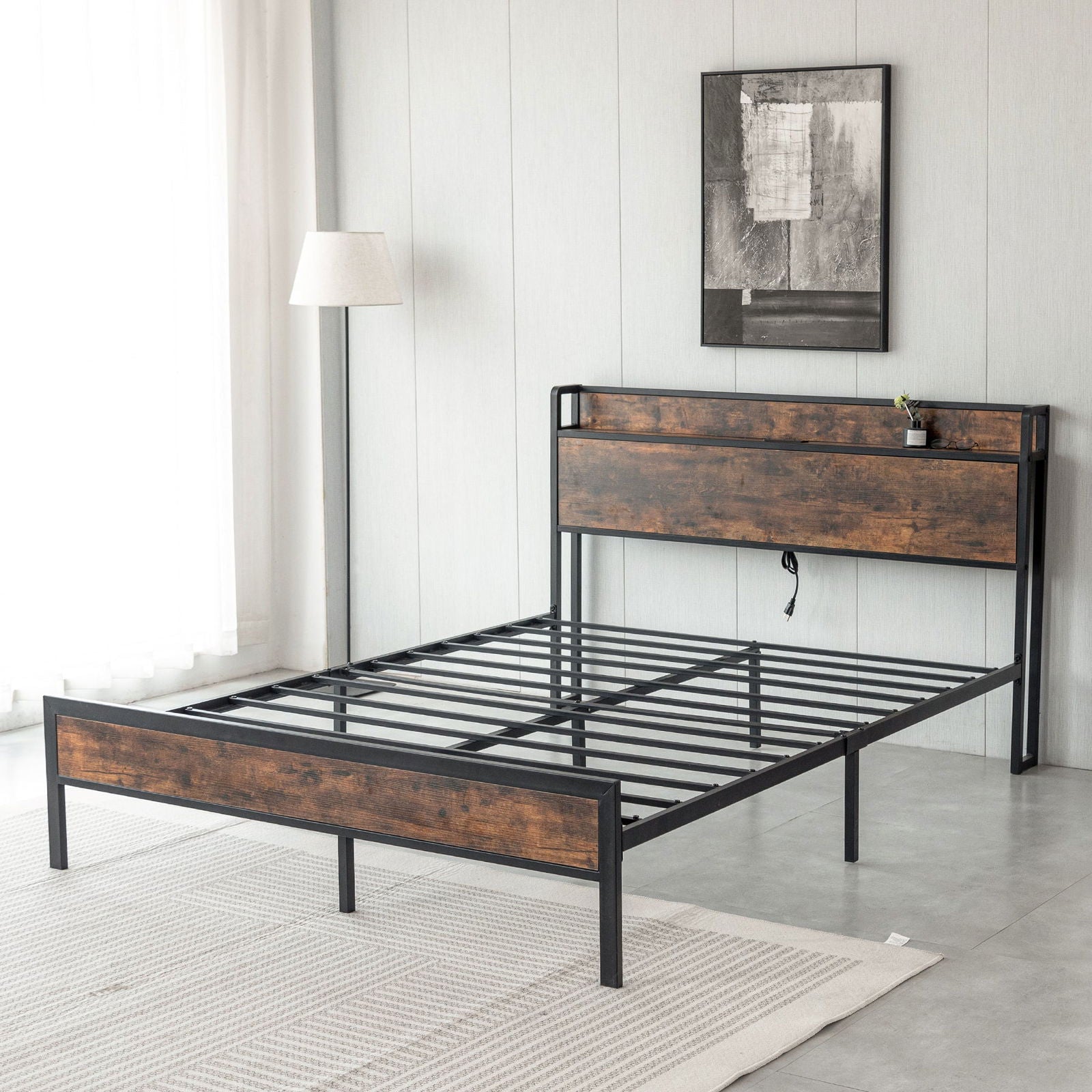 Black Full Metal Bed Frame with Wooden Headboard and and Footboard and Iron Slats, Rustic Bed Base, Heavy Duty Platform Bed Frame, 12 Inch Underbed Storage/No Springs Required himalipasal