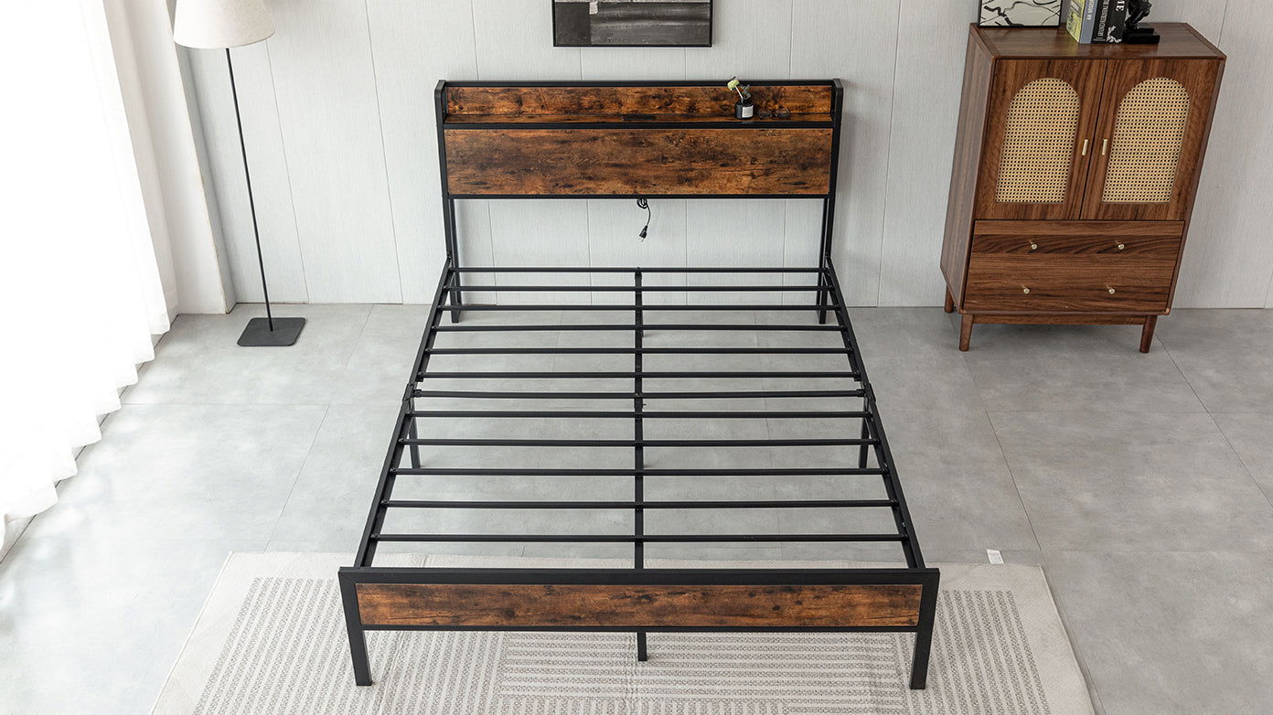 Black Full Metal Bed Frame with Wooden Headboard and and Footboard and Iron Slats, Rustic Bed Base, Heavy Duty Platform Bed Frame, 12 Inch Underbed Storage/No Springs Required himalipasal