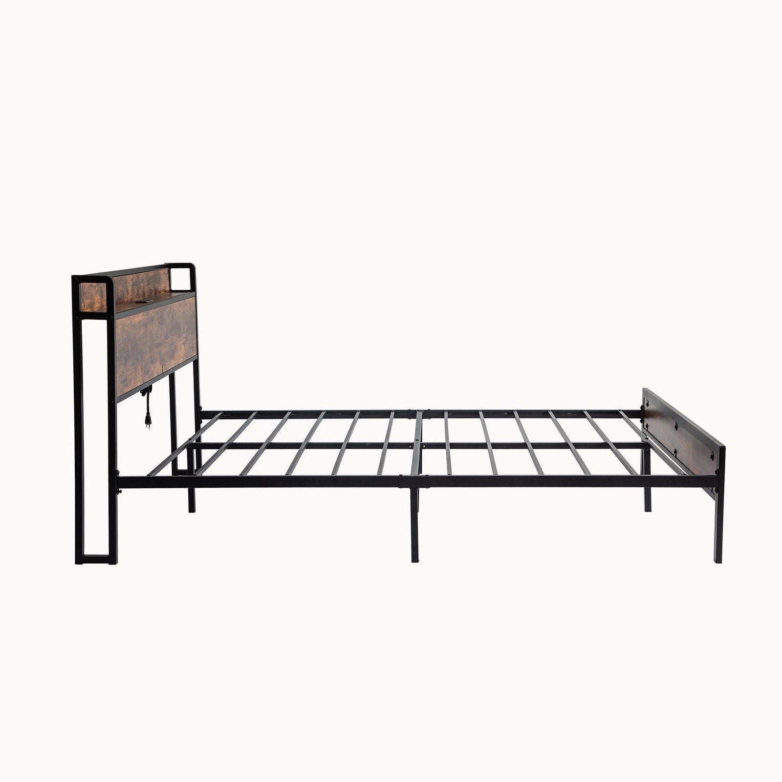 Black Full Metal Bed Frame with Wooden Headboard and and Footboard and Iron Slats, Rustic Bed Base, Heavy Duty Platform Bed Frame, 12 Inch Underbed Storage/No Springs Required himalipasal