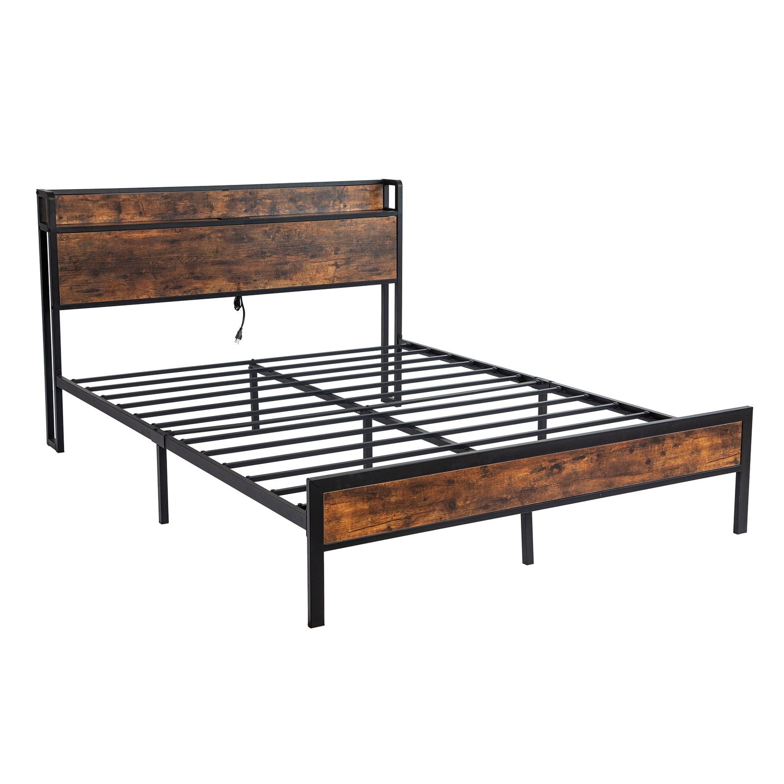 Black Full Metal Bed Frame with Wooden Headboard and and Footboard and Iron Slats, Rustic Bed Base, Heavy Duty Platform Bed Frame, 12 Inch Underbed Storage/No Springs Required himalipasal