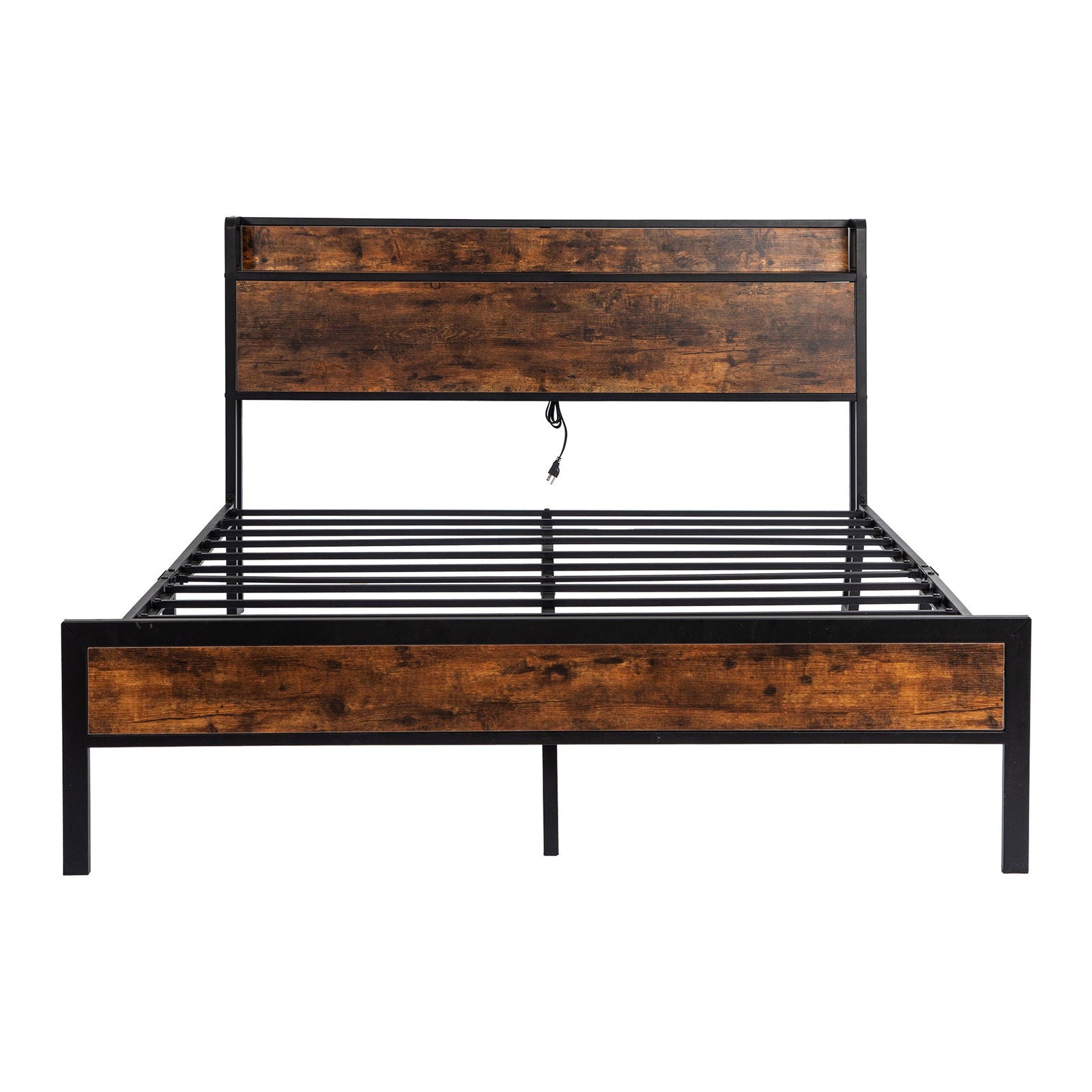 Black Full Metal Bed Frame with Wooden Headboard and and Footboard and Iron Slats, Rustic Bed Base, Heavy Duty Platform Bed Frame, 12 Inch Underbed Storage/No Springs Required himalipasal