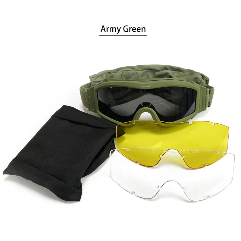 Black Tan Green Tactical Goggles Military Shooting Sunglasses 3 Lens Airsoft Paintball Windproof Wargame Mountaineering Glasses himalipasal