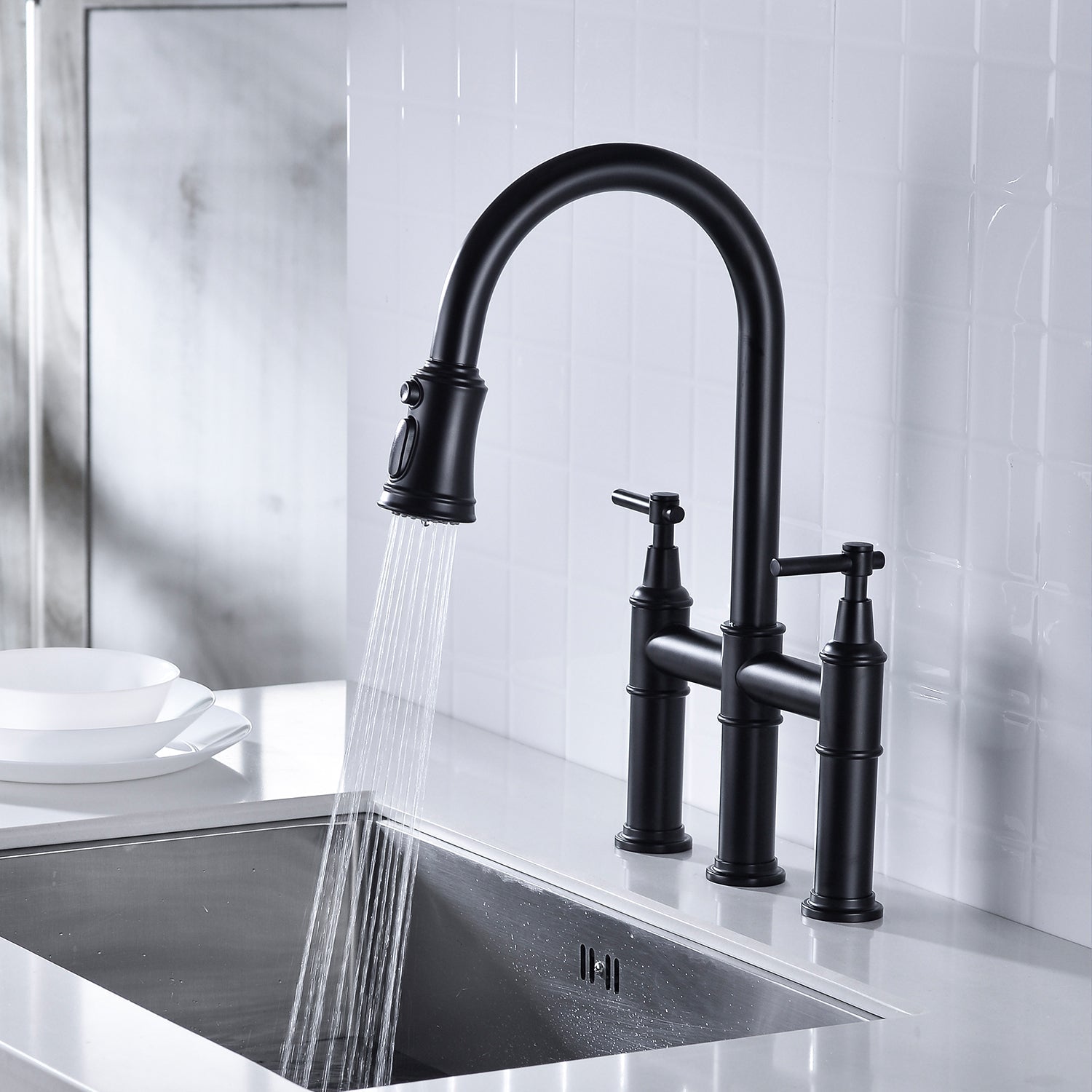 Bridge Kitchen Faucet with Pull-Down Sprayhead in Spot himalipasal