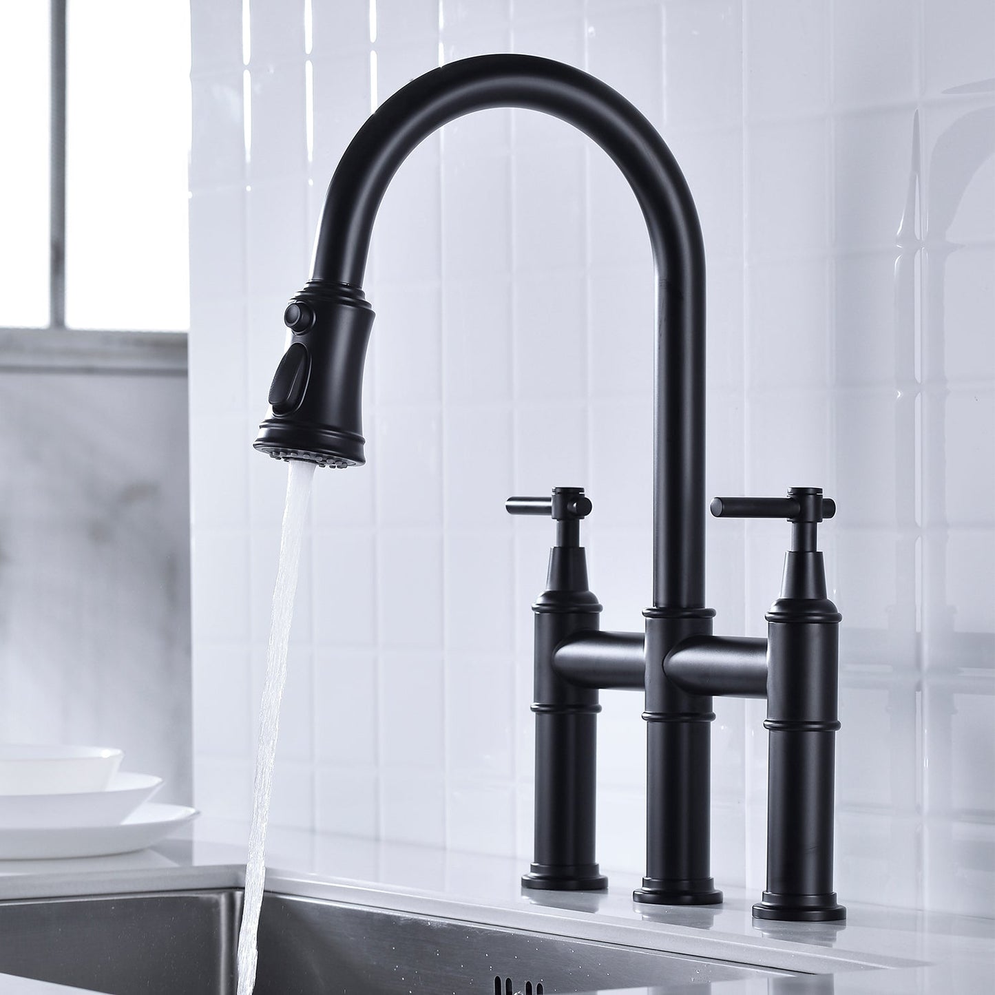 Bridge Kitchen Faucet with Pull-Down Sprayhead in Spot himalipasal