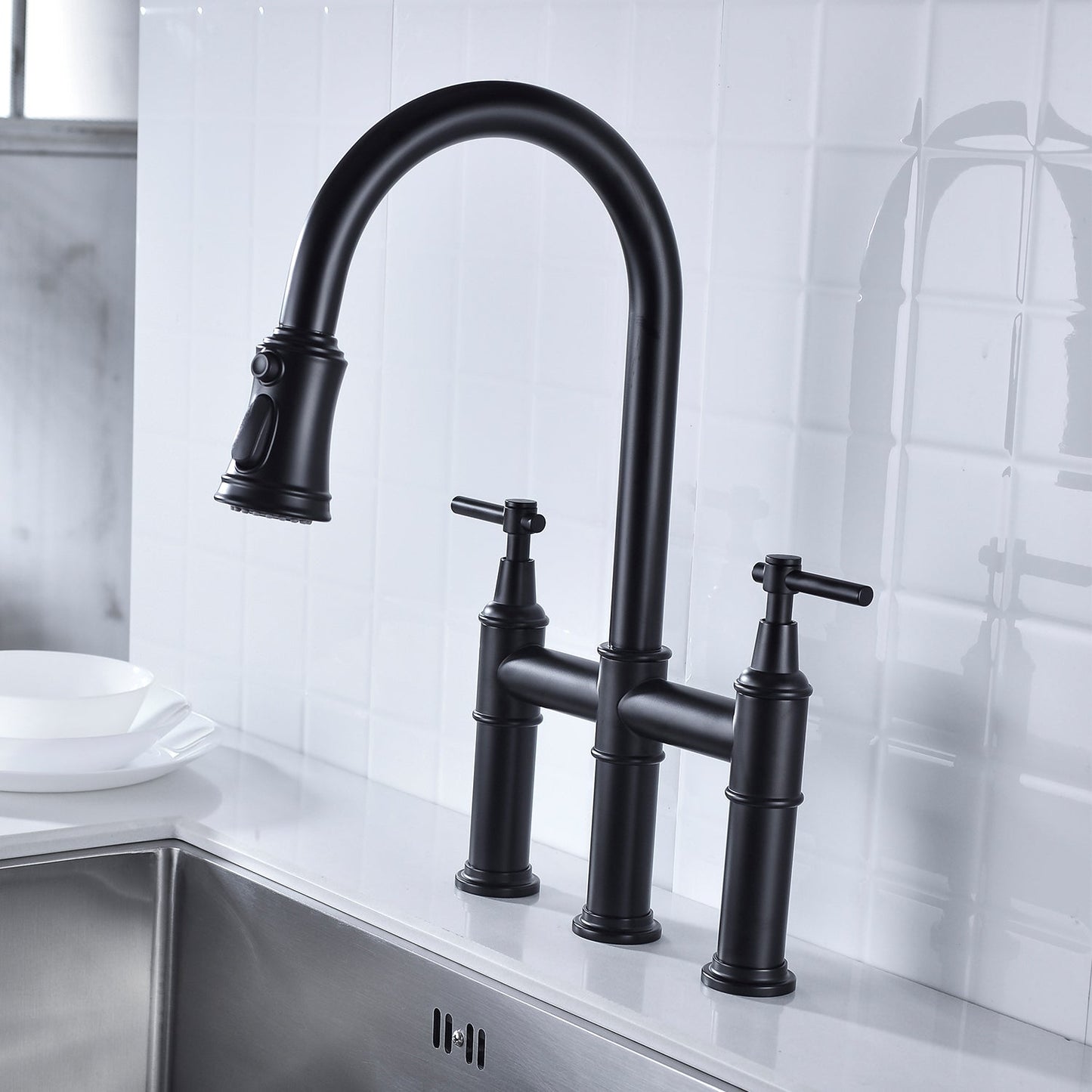 Bridge Kitchen Faucet with Pull-Down Sprayhead in Spot himalipasal