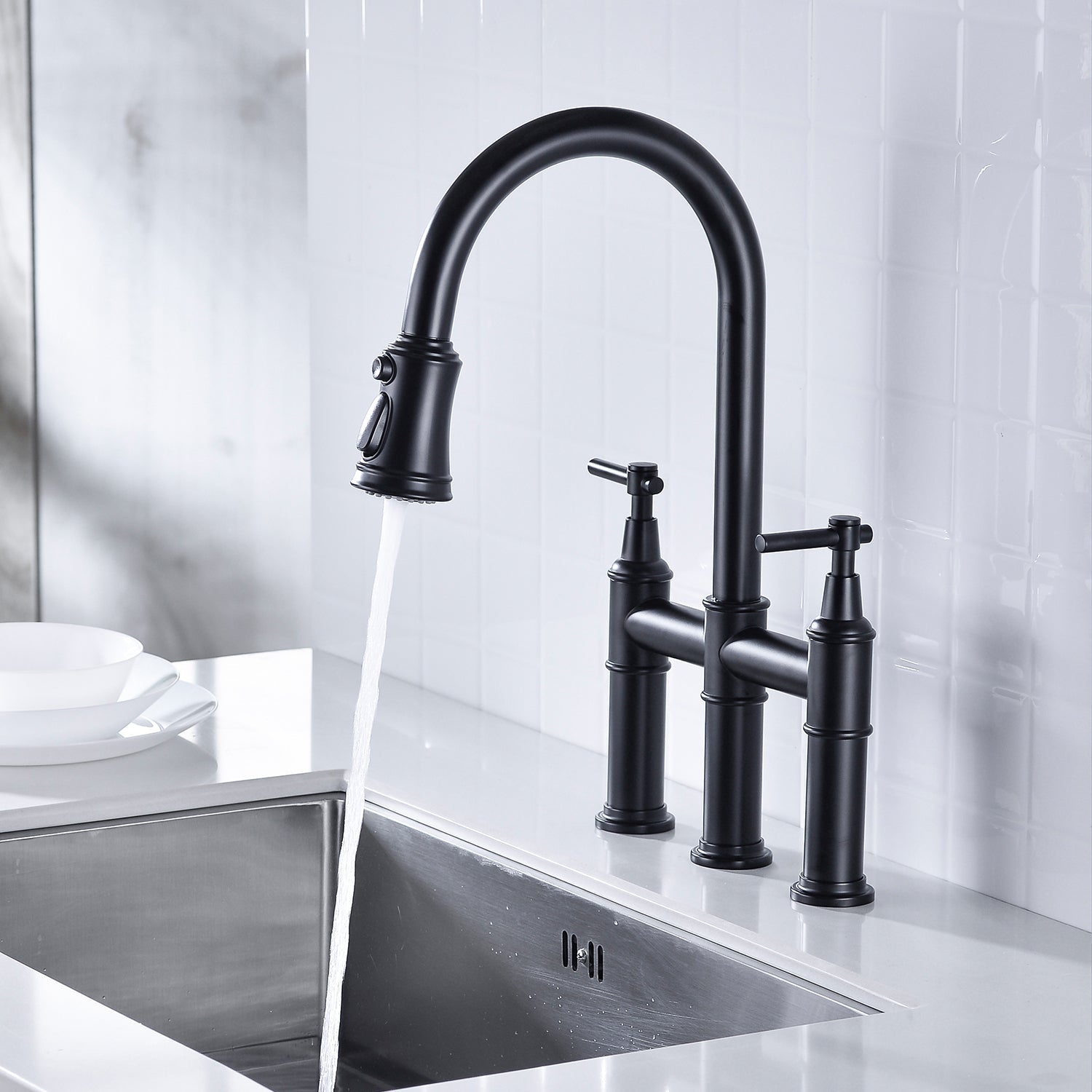 Bridge Kitchen Faucet with Pull-Down Sprayhead in Spot himalipasal