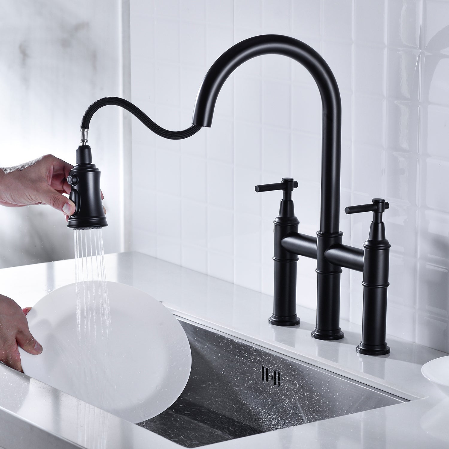 Bridge Kitchen Faucet with Pull-Down Sprayhead in Spot himalipasal