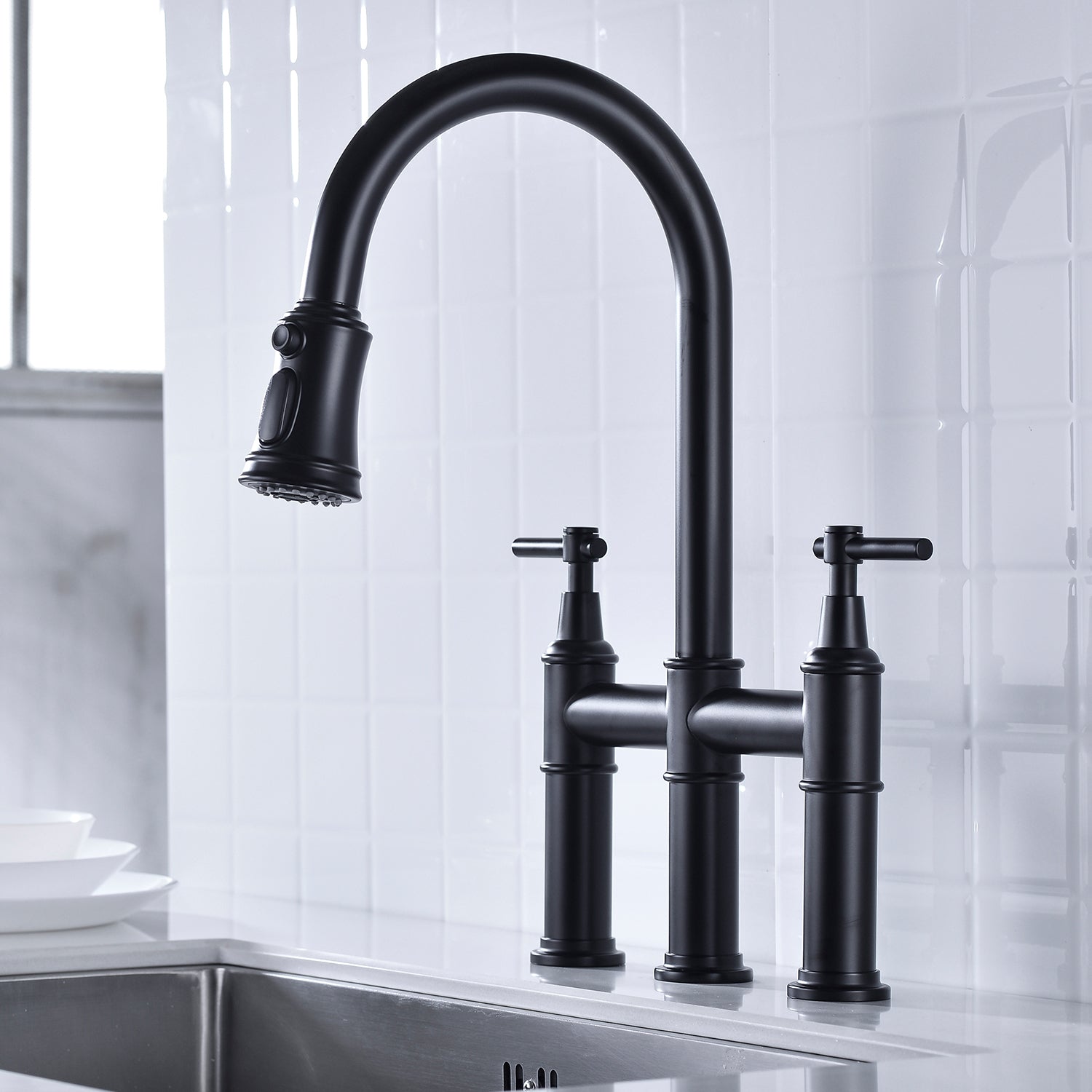 Bridge Kitchen Faucet with Pull-Down Sprayhead in Spot himalipasal