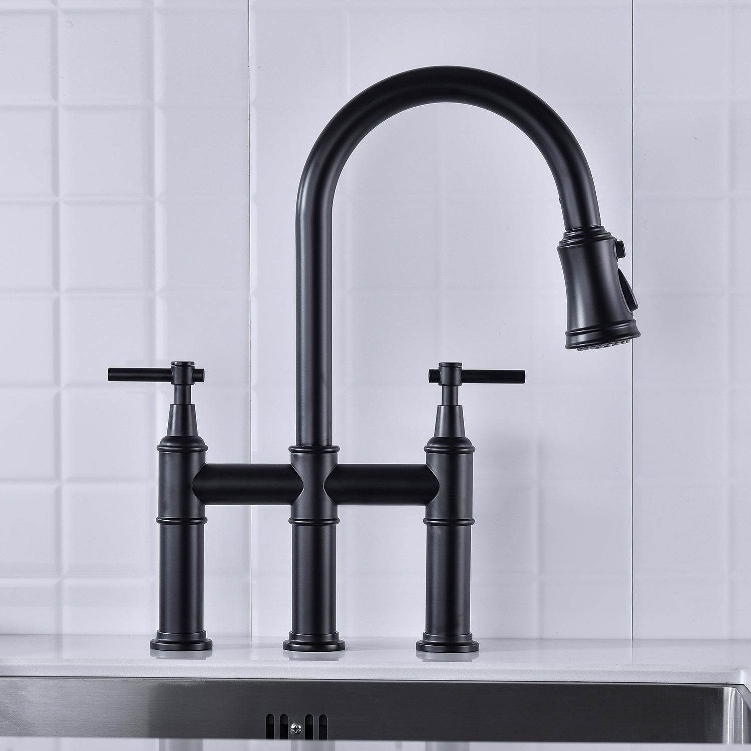 Bridge Kitchen Faucet with Pull-Down Sprayhead in Spot himalipasal