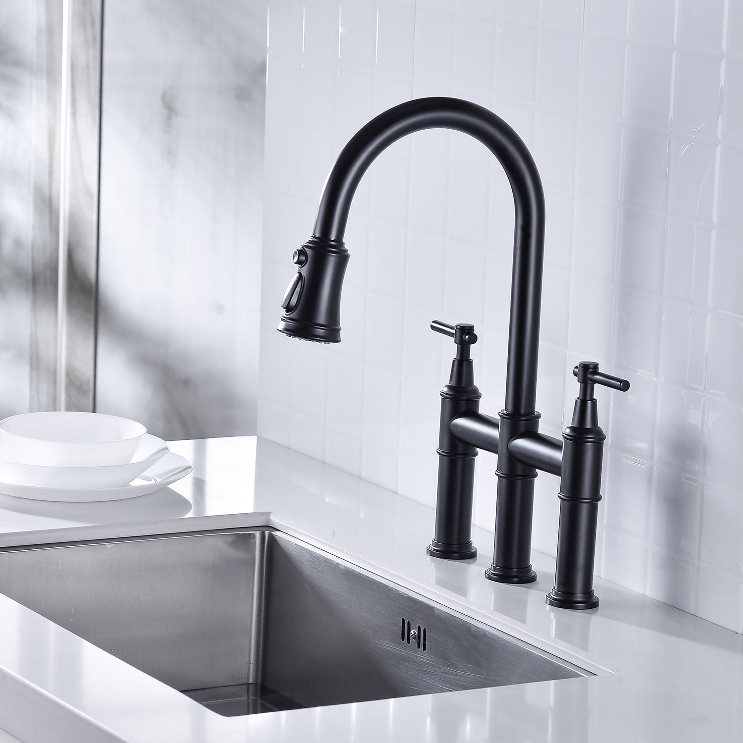 Bridge Kitchen Faucet with Pull-Down Sprayhead in Spot himalipasal