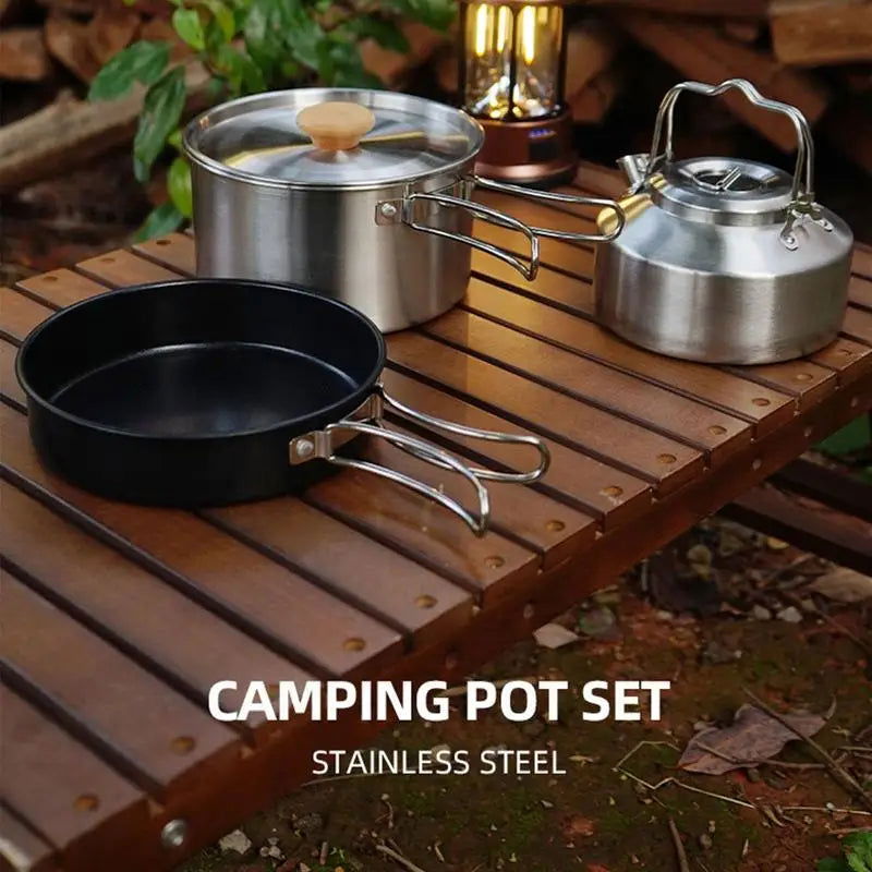 Camping Cookware Kit 4pcs Backpacking Cooking Set Stainless Steel Outdoor Pots And Pans Nonstick Frying Pan For Mountaineering himalipasal