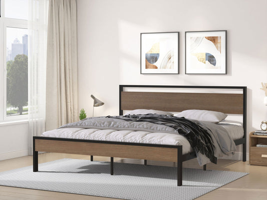 Ceres Metal Bed, Black with Cinnamon Wood Headboard&Footboard, King himalipasal