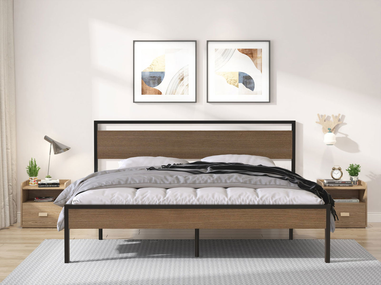 Ceres Metal Bed, Black with Cinnamon Wood Headboard&Footboard, King himalipasal