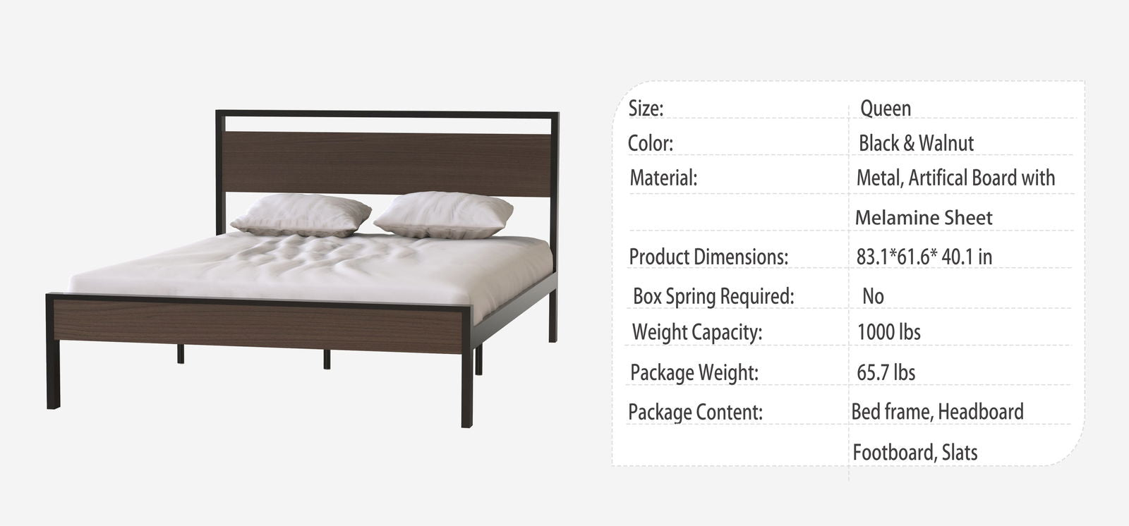 Ceres Metal Bed, Black with Walnut Wood Headboard&Footboard, Queen himalipasal